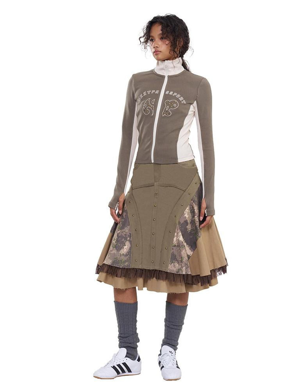 NextPassport MOF Khaki Camo Three Panel Patchwork Asymmetric Flared Women's Cotton Midi Skirts