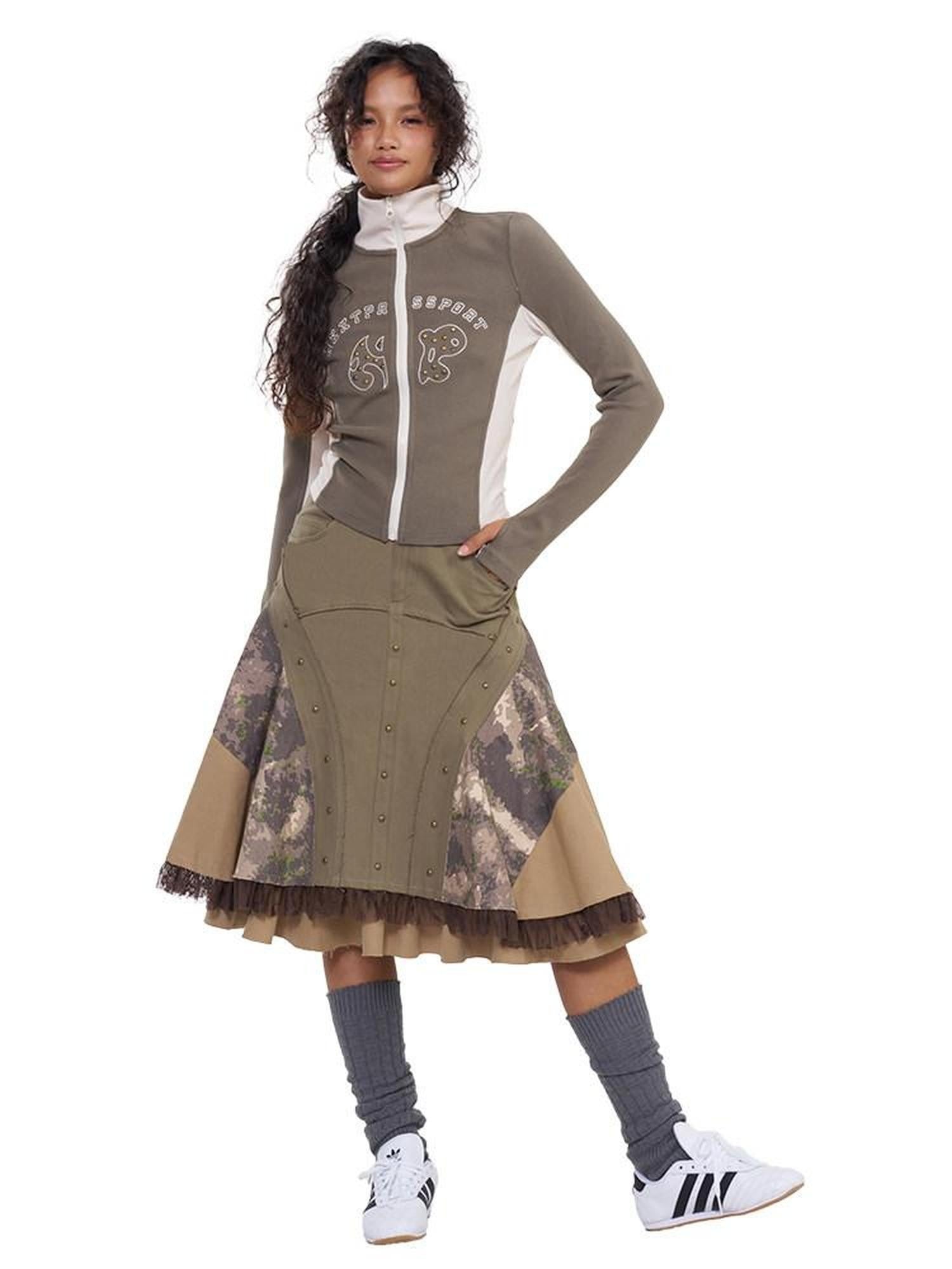NextPassport MOF Khaki Camo Three Panel Patchwork Asymmetric Flared Women's Cotton Midi Skirts