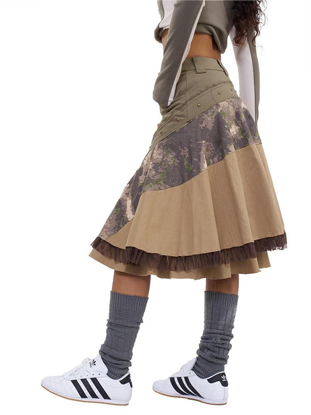 NextPassport MOF Khaki Camo Three Panel Patchwork Asymmetric Flared Women's Cotton Midi Skirts