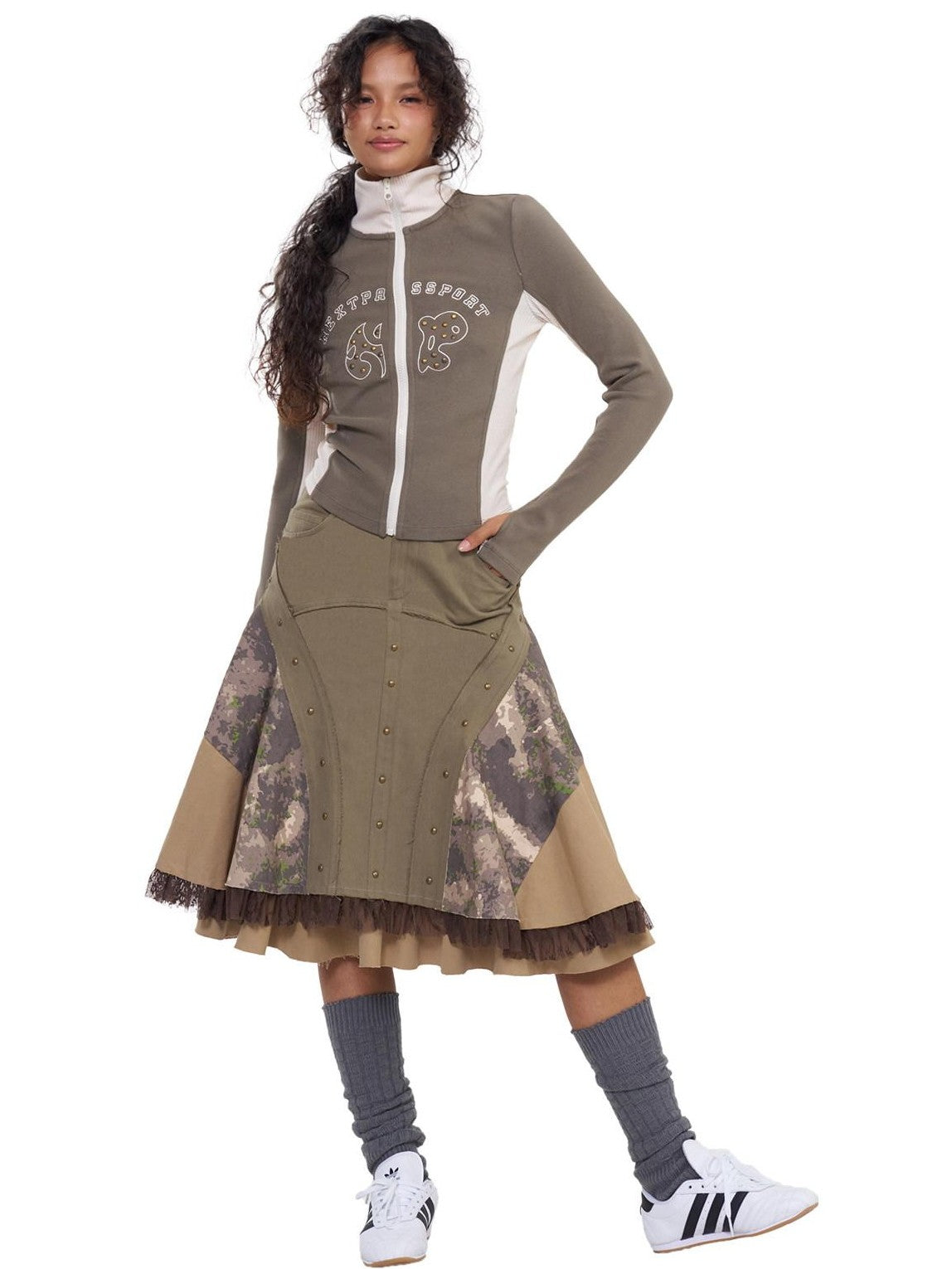NextPassport MOF Khaki Camo Three Panel Patchwork Asymmetric Flared Women's Cotton Midi Skirts
