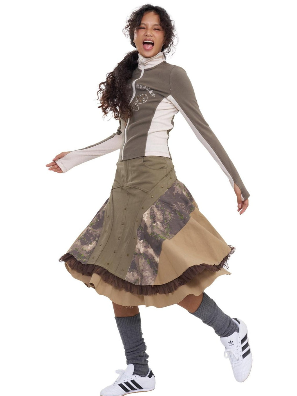 NextPassport MOF Khaki Camo Three Panel Patchwork Asymmetric Flared Women's Cotton Midi Skirts