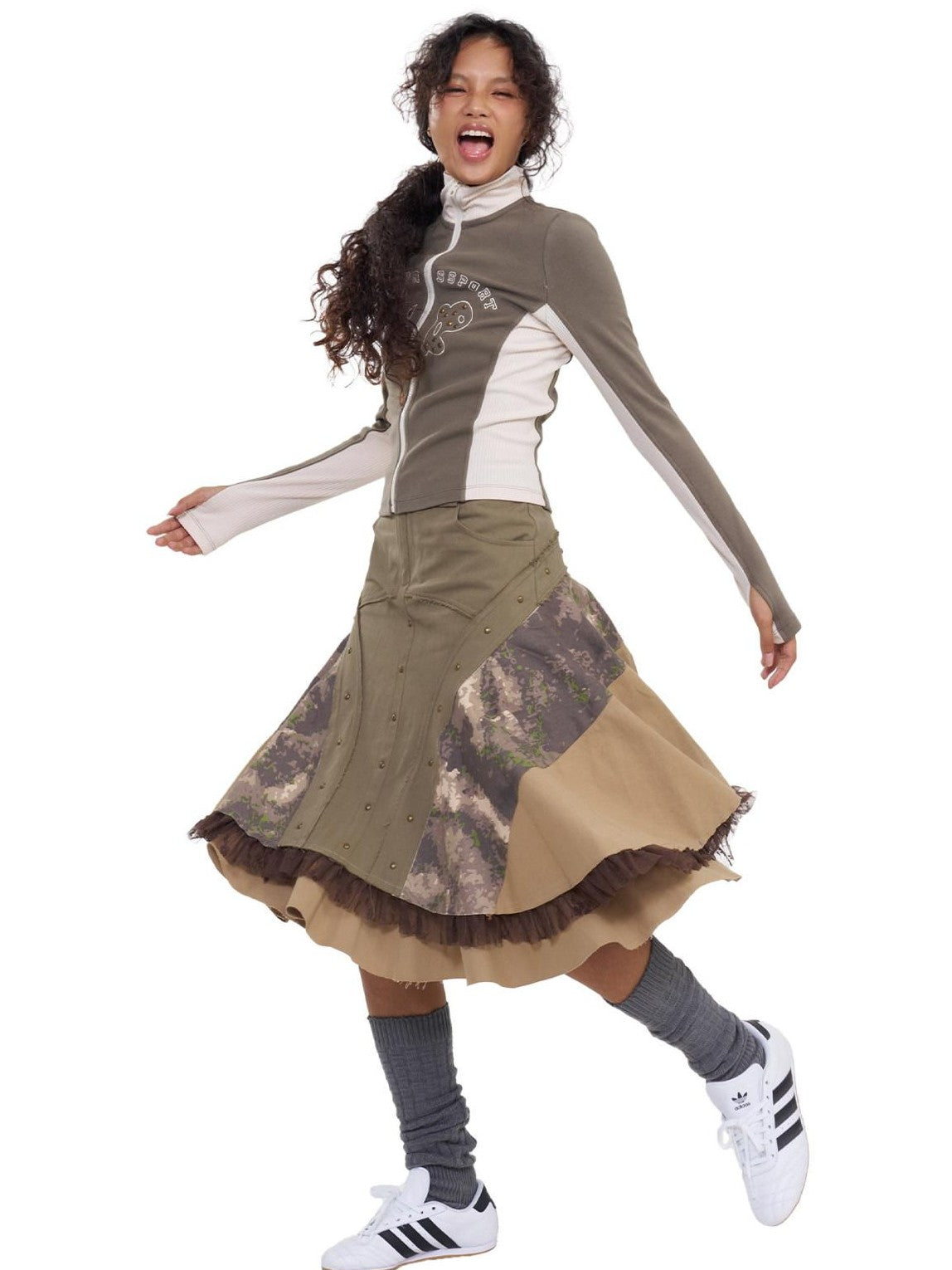 NextPassport MOF Khaki Camo Three Panel Patchwork Asymmetric Flared Women's Cotton Midi Skirts