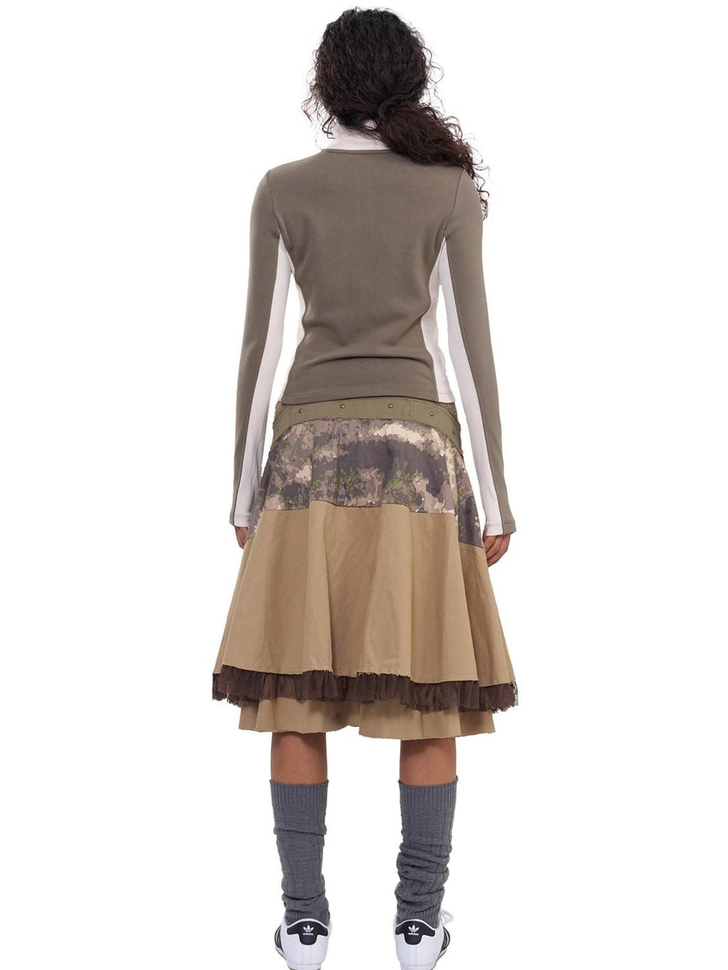 NextPassport MOF Khaki Camo Three Panel Patchwork Asymmetric Flared Women's Cotton Midi Skirts
