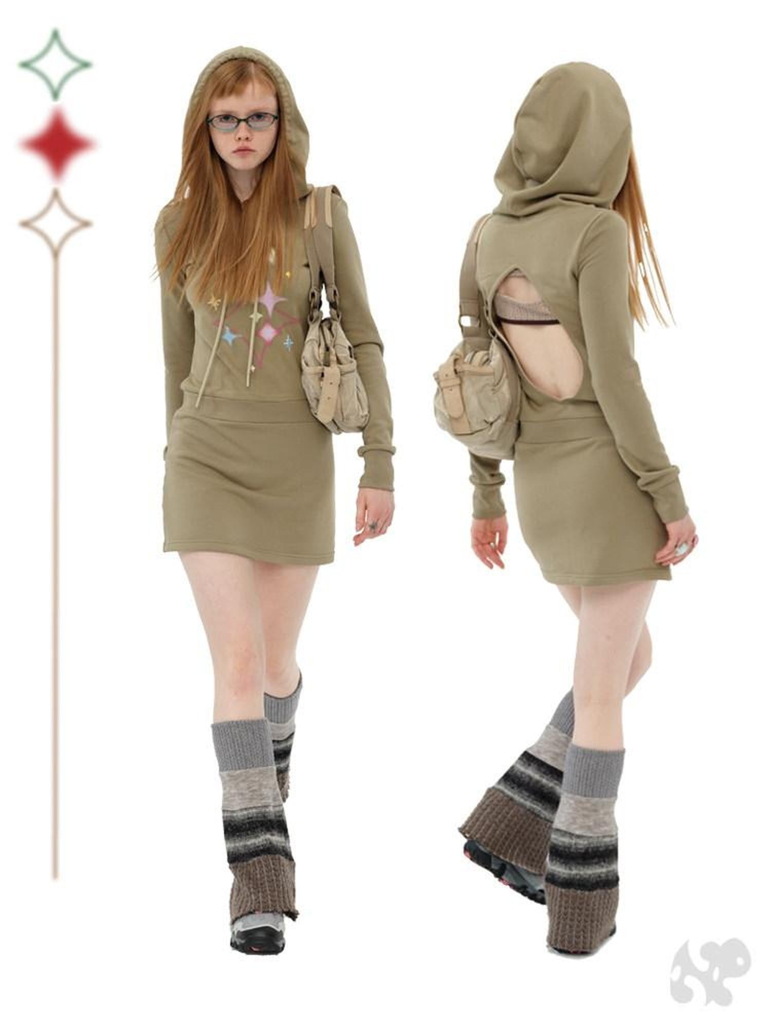 NextPassport MOF Khaki Green Star Print Open Back Slim Women's Viscose Cotton Blend Hoodies