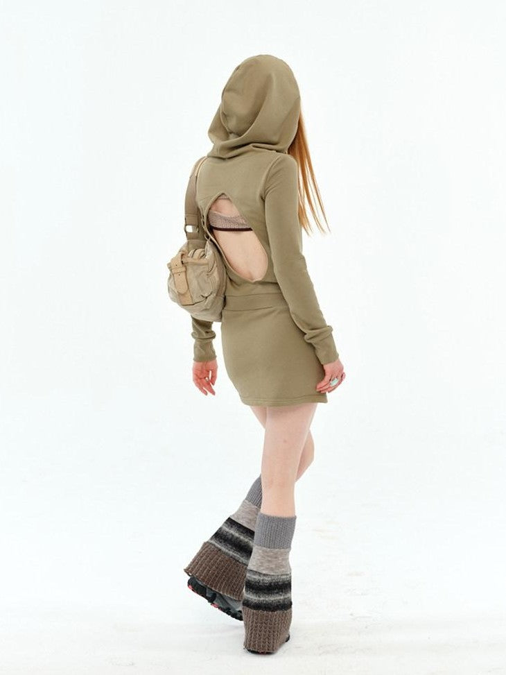 NextPassport MOF Khaki Green Star Print Open Back Slim Women's Viscose Cotton Blend Hoodies