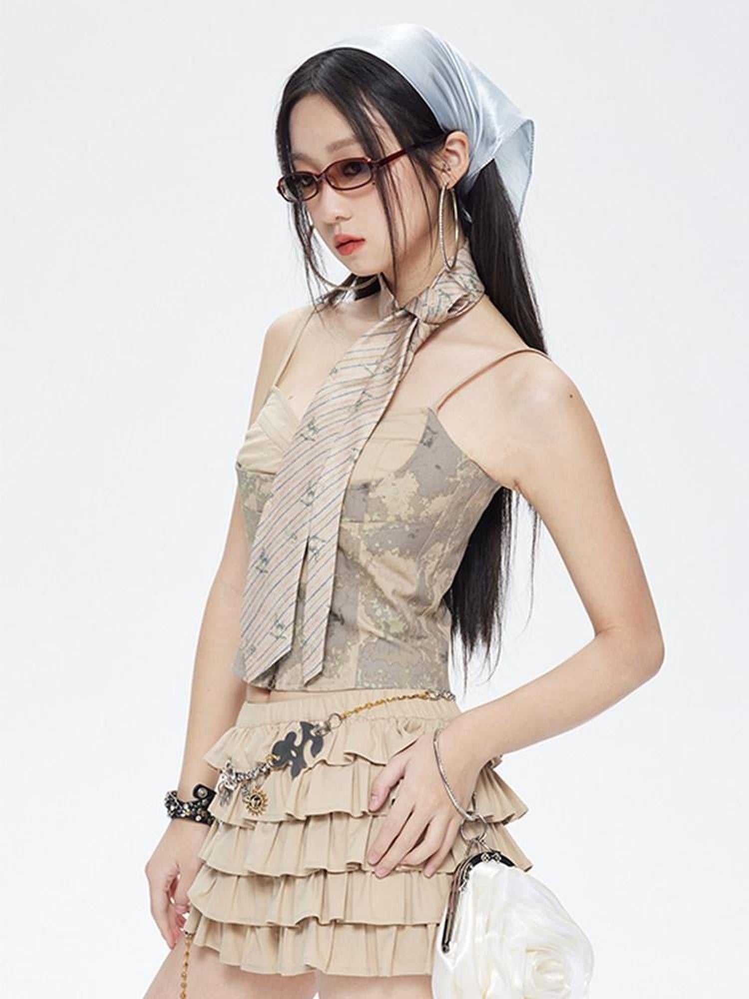 NextPassport MOF Khaki Grey Tie Dye Patchwork Bust Cinch Ruched Back Women's Cotton Camisoles
