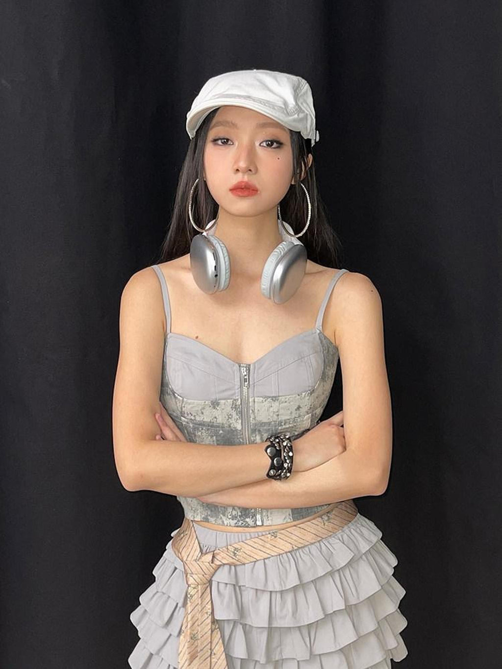 NextPassport MOF Khaki Grey Tie Dye Patchwork Bust Cinch Ruched Back Women's Cotton Camisoles