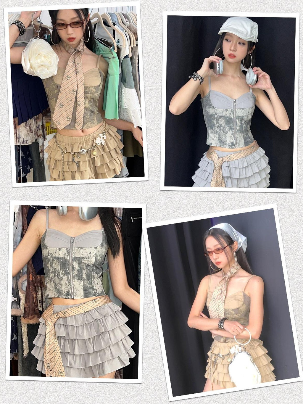 NextPassport MOF Khaki Grey Tie Dye Patchwork Bust Cinch Ruched Back Women's Cotton Camisoles