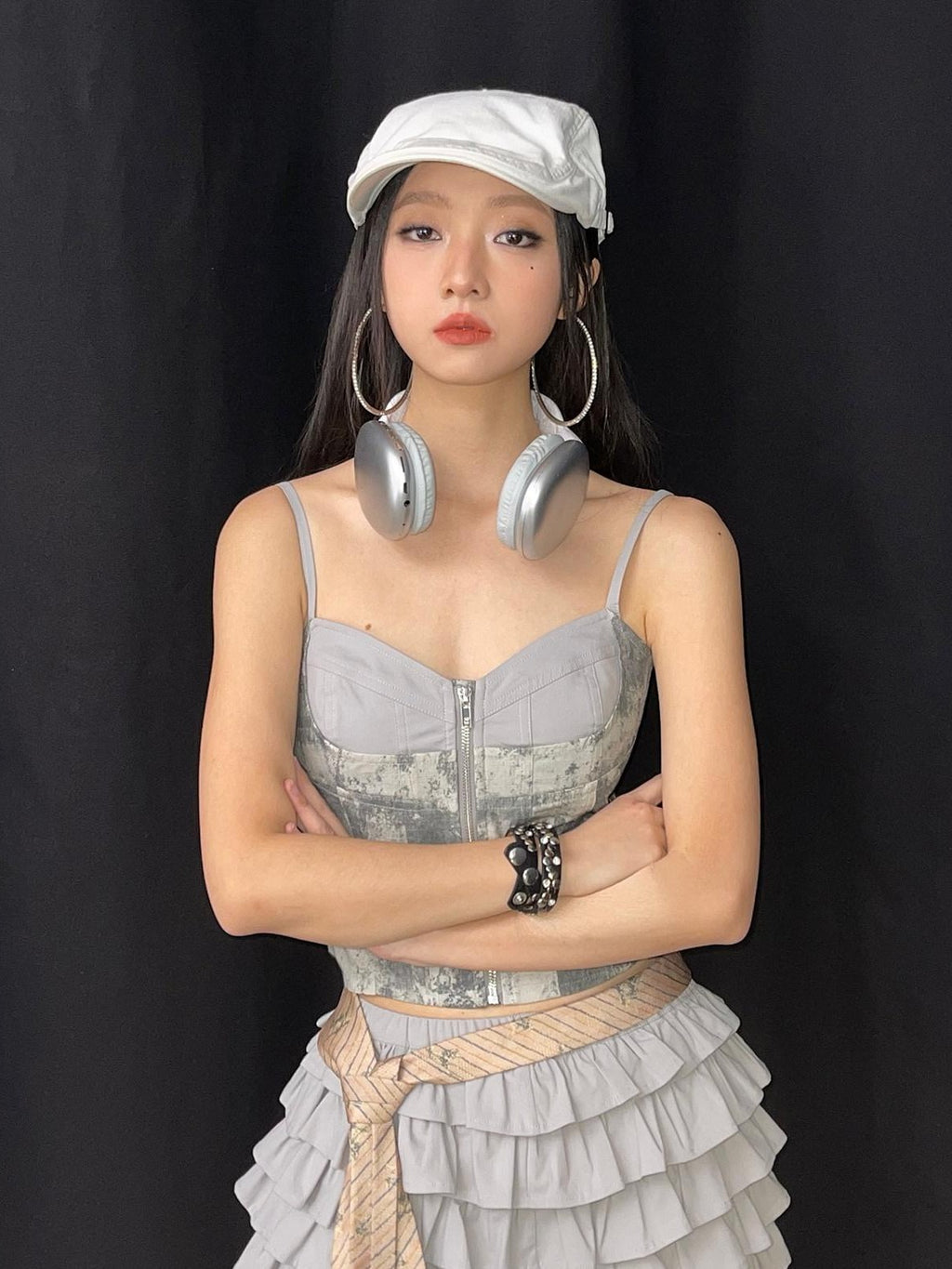 NextPassport MOF Khaki Grey Tie Dye Patchwork Bust Cinch Ruched Back Women's Cotton Camisoles