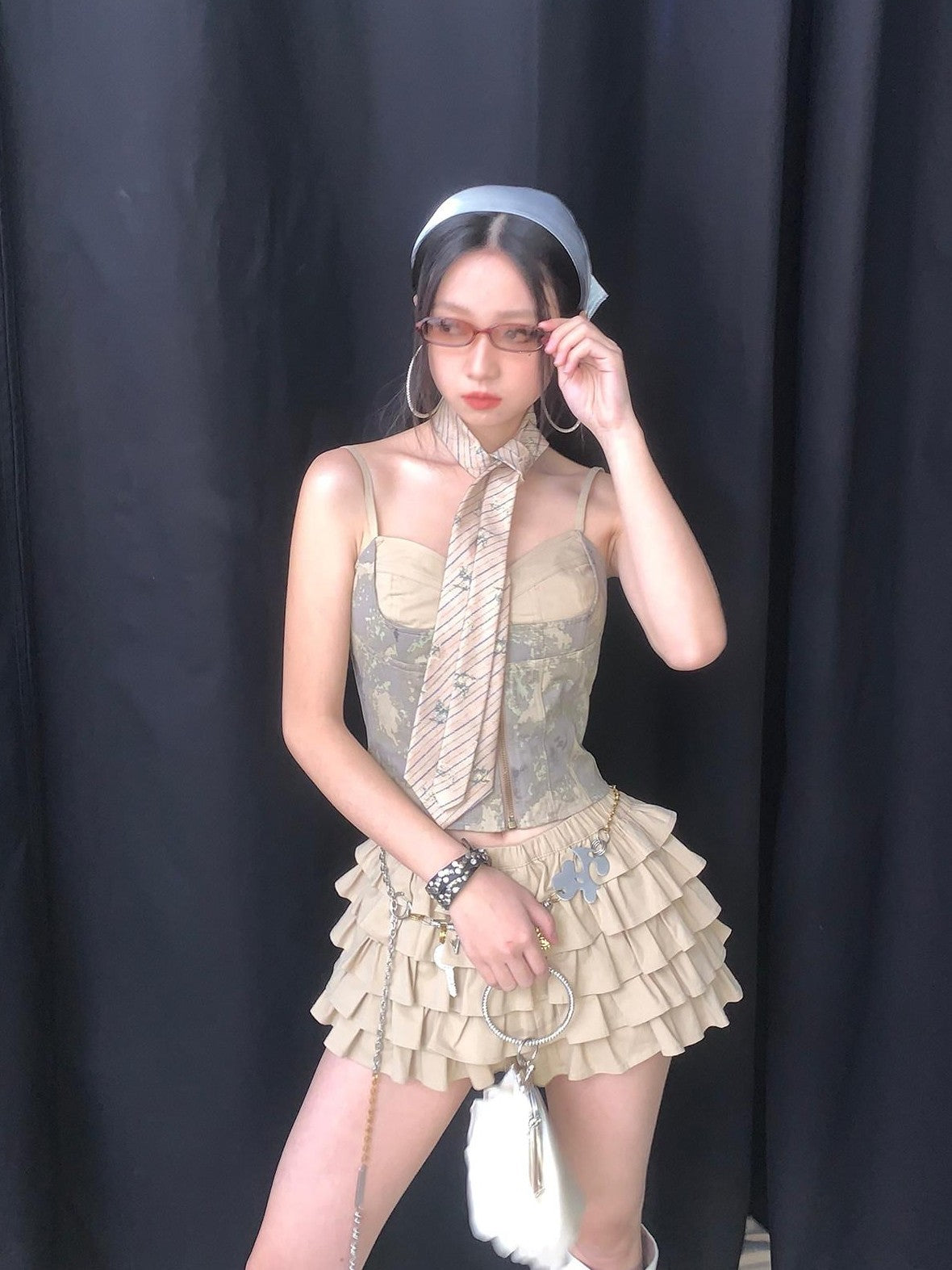 NextPassport MOF Khaki Grey Tie Dye Patchwork Bust Cinch Ruched Back Women's Cotton Camisoles