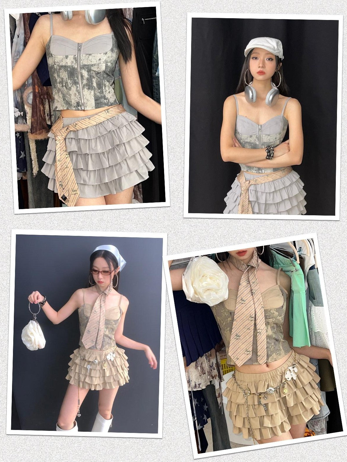NextPassport MOF Khaki Light Gray Five Layer Lace Puff Women's Cotton Spandex Skorts
