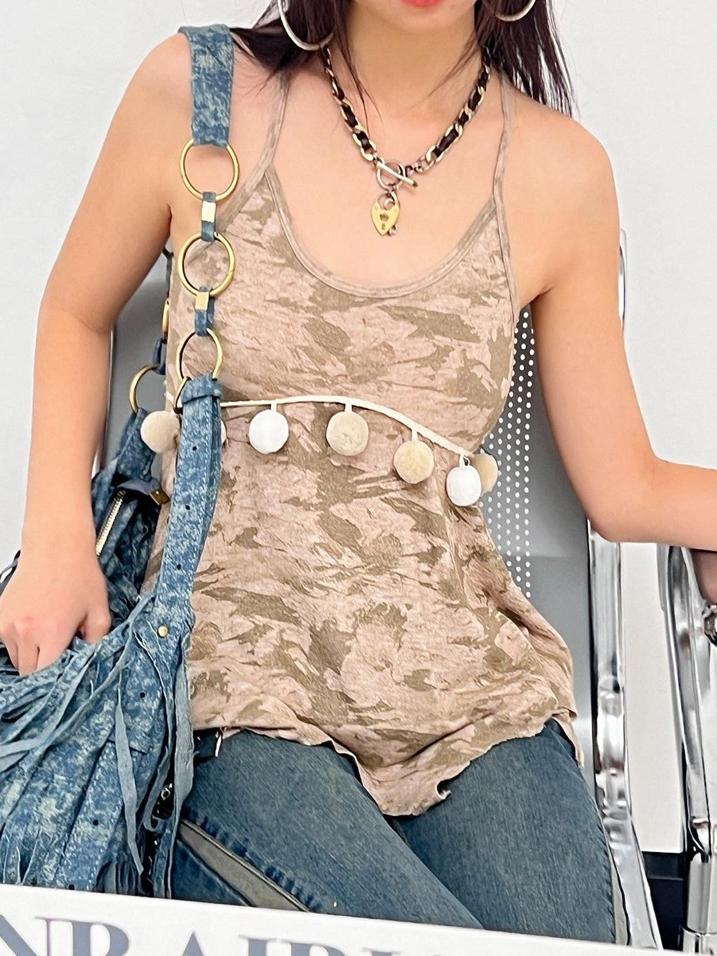 NextPassport MOF Khaki Patterned Knit Irregular Hem Pompom Women's Viscose Nylon Blend Camisoles