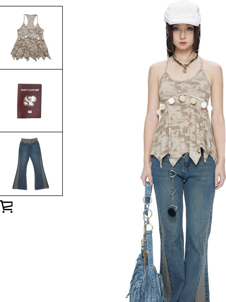 NextPassport MOF Khaki Patterned Knit Irregular Hem Pompom Women's Viscose Nylon Blend Camisoles