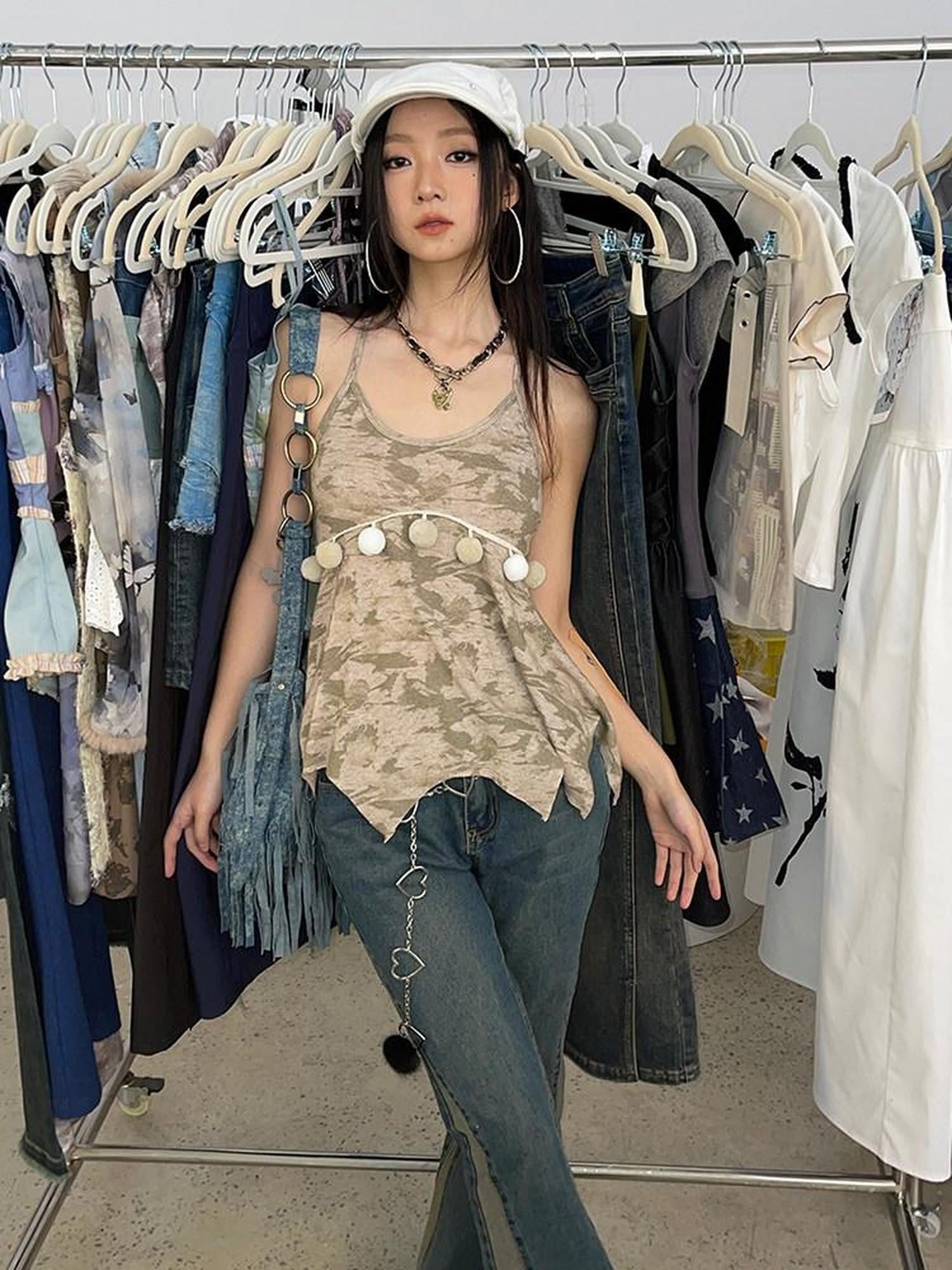 NextPassport MOF Khaki Patterned Knit Irregular Hem Pompom Women's Viscose Nylon Blend Camisoles