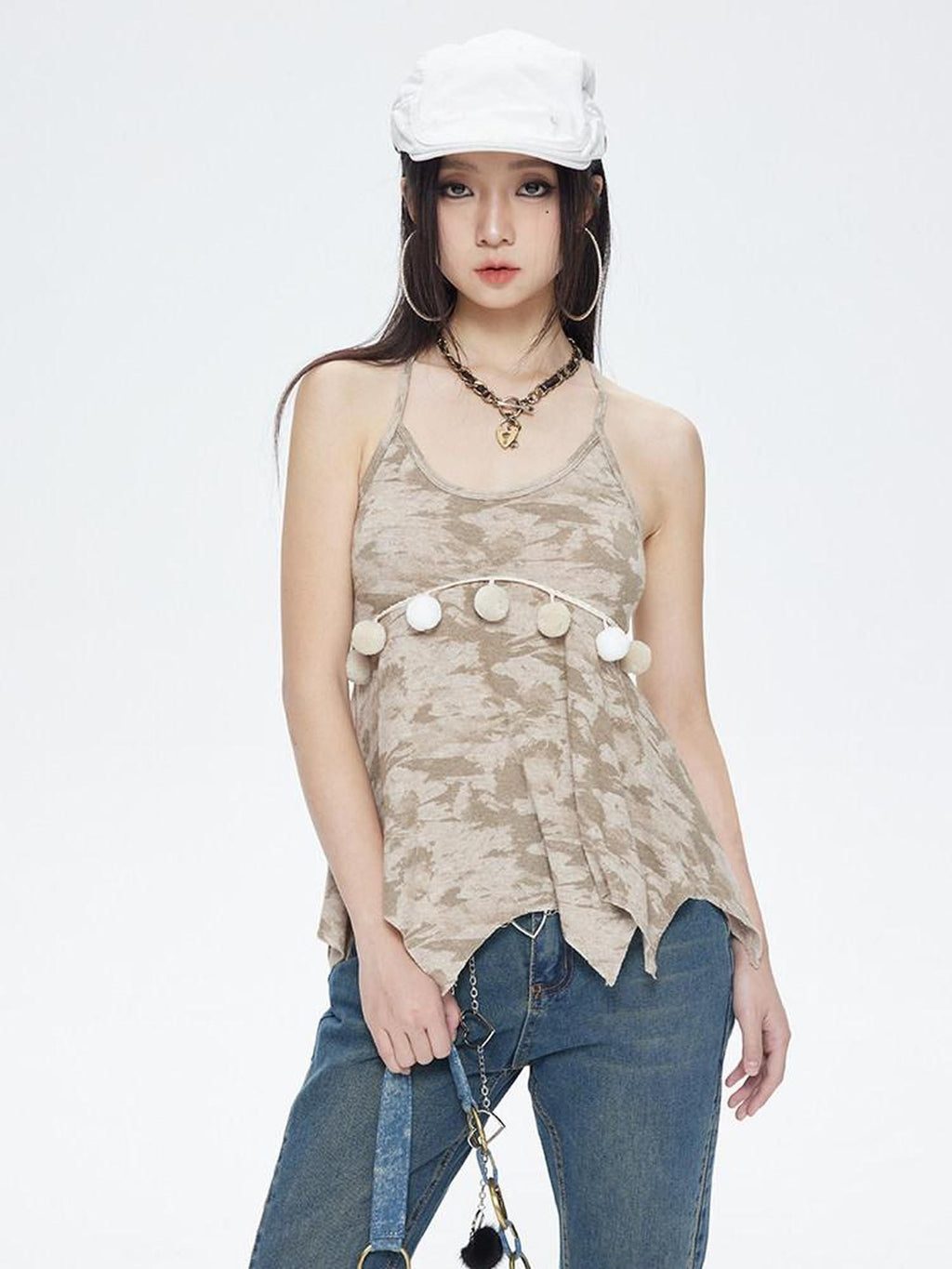 NextPassport MOF Khaki Patterned Knit Irregular Hem Pompom Women's Viscose Nylon Blend Camisoles
