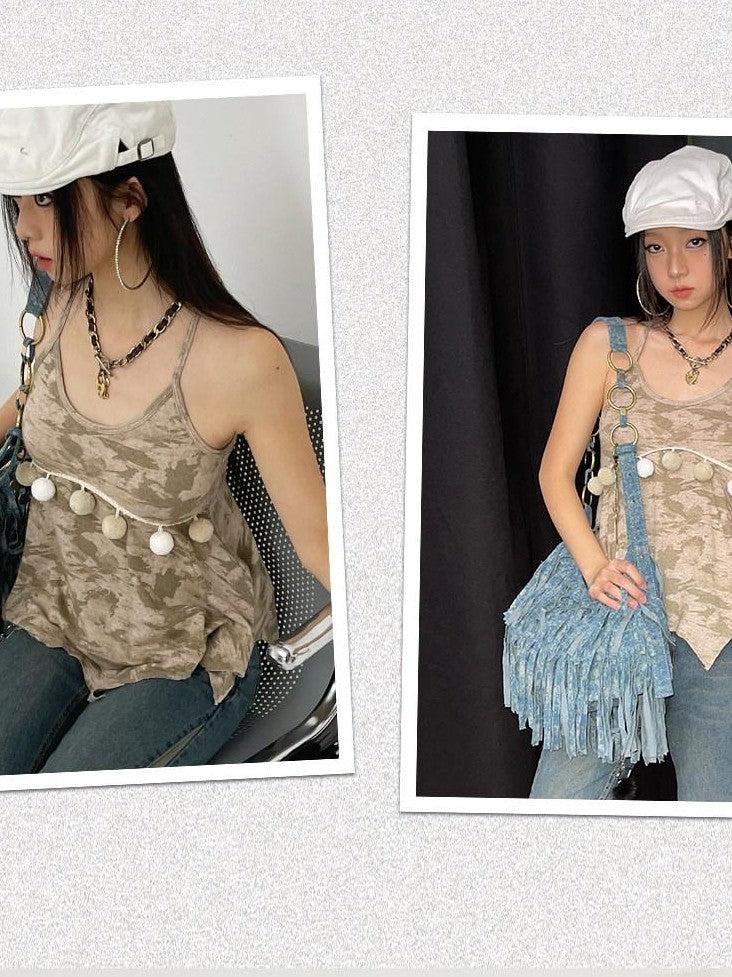 NextPassport MOF Khaki Patterned Knit Irregular Hem Pompom Women's Viscose Nylon Blend Camisoles
