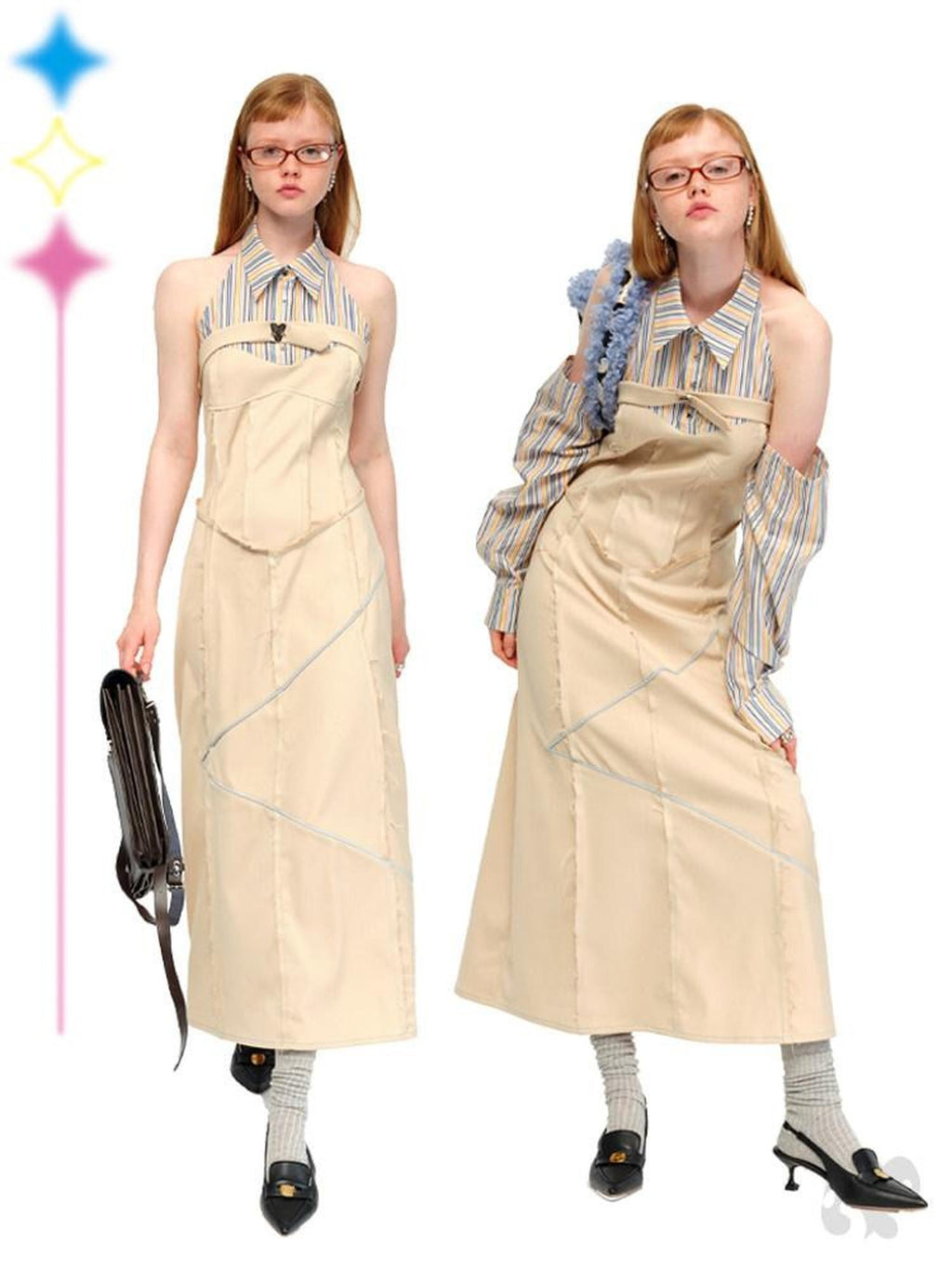NextPassport MOF Khaki Rainbow Stripe Star Buckle Women's Polyester Blend Halter Maxi Dresses
