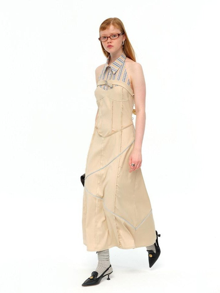 NextPassport MOF Khaki Rainbow Stripe Star Buckle Women's Polyester Blend Halter Maxi Dresses