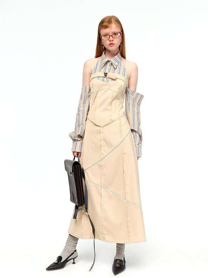 NextPassport MOF Khaki Rainbow Stripe Star Buckle Women's Polyester Blend Halter Maxi Dresses