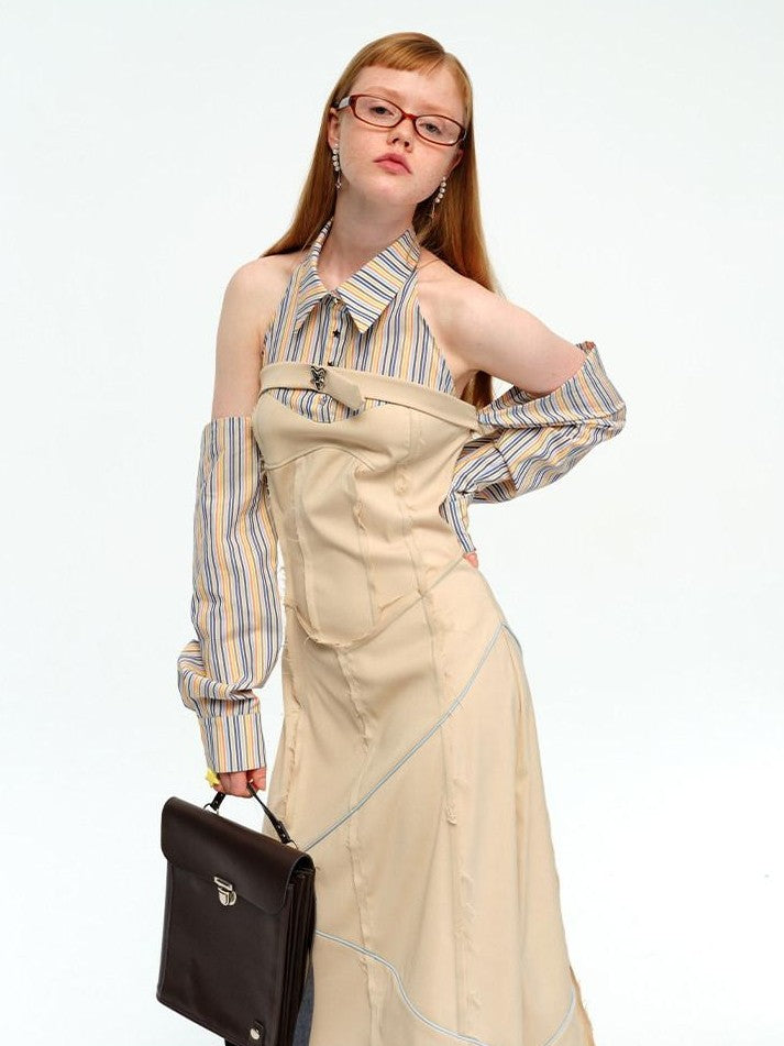 NextPassport MOF Khaki Rainbow Stripe Star Buckle Women's Polyester Blend Halter Maxi Dresses