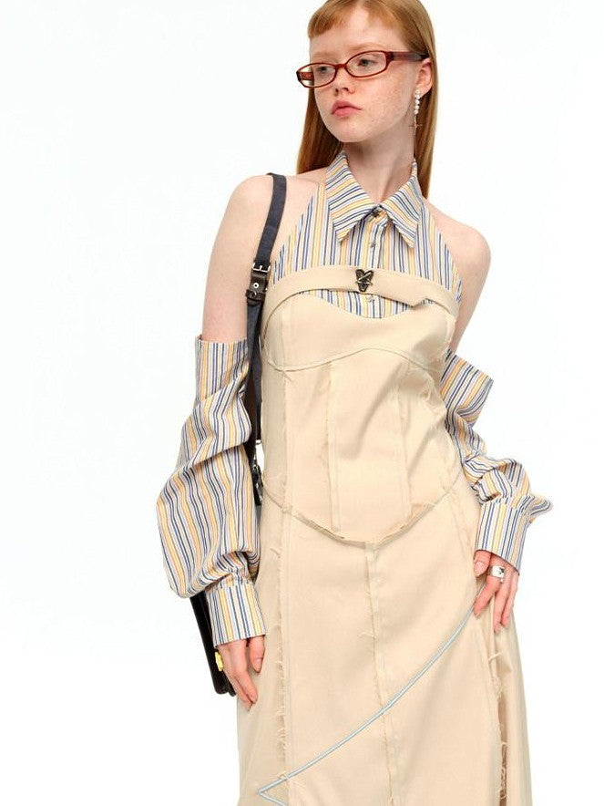 NextPassport MOF Khaki Rainbow Stripe Star Buckle Women's Polyester Blend Halter Maxi Dresses