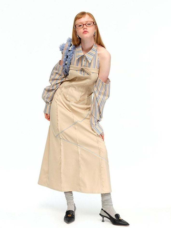 NextPassport MOF Khaki Rainbow Stripe Star Buckle Women's Polyester Blend Halter Maxi Dresses