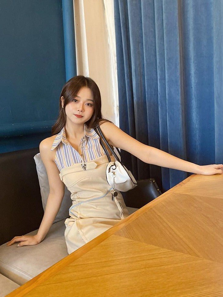 NextPassport MOF Khaki Rainbow Stripe Star Buckle Women's Polyester Blend Halter Maxi Dresses