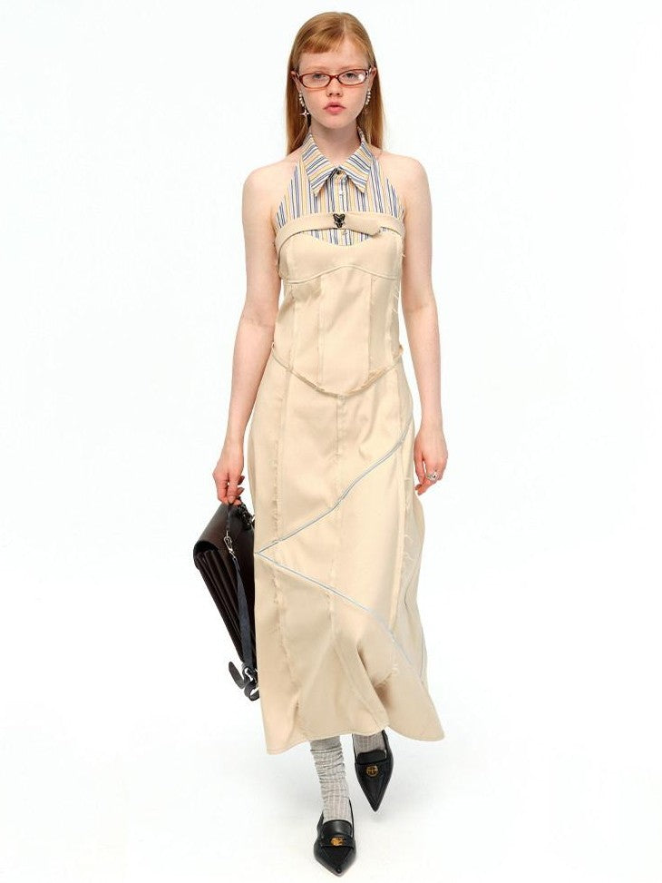 NextPassport MOF Khaki Rainbow Stripe Star Buckle Women's Polyester Blend Halter Maxi Dresses