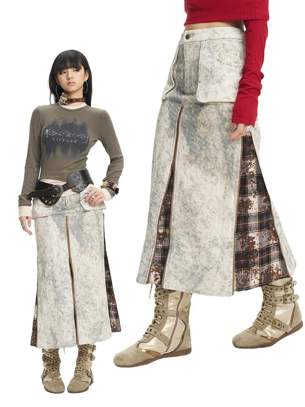 NextPassport MOF Khaki Tie Dye Yellow Plaid Panel Zipper A Line Women's Cotton Maxi Skirts