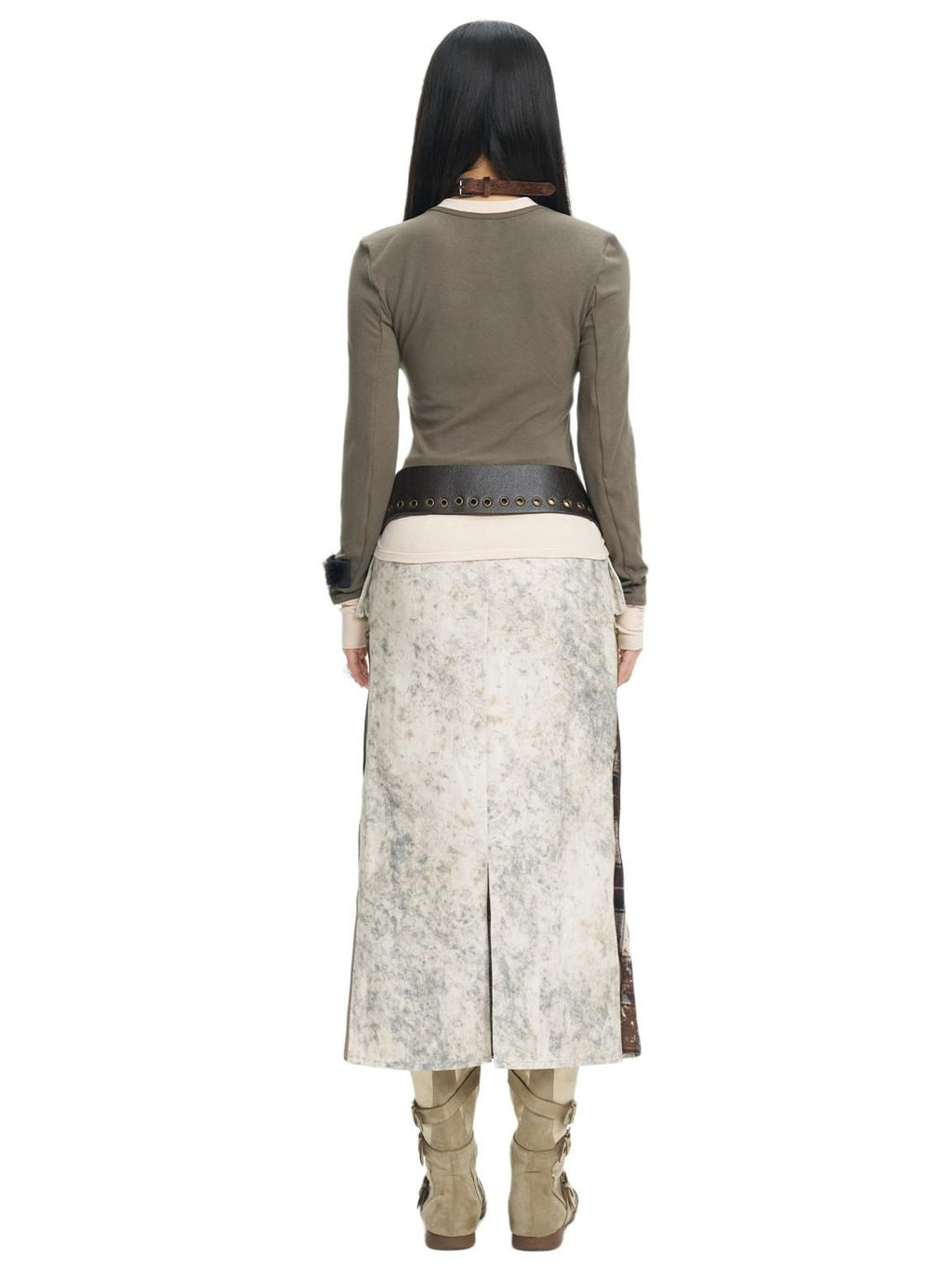 NextPassport MOF Khaki Tie Dye Yellow Plaid Panel Zipper A Line Women's Cotton Maxi Skirts