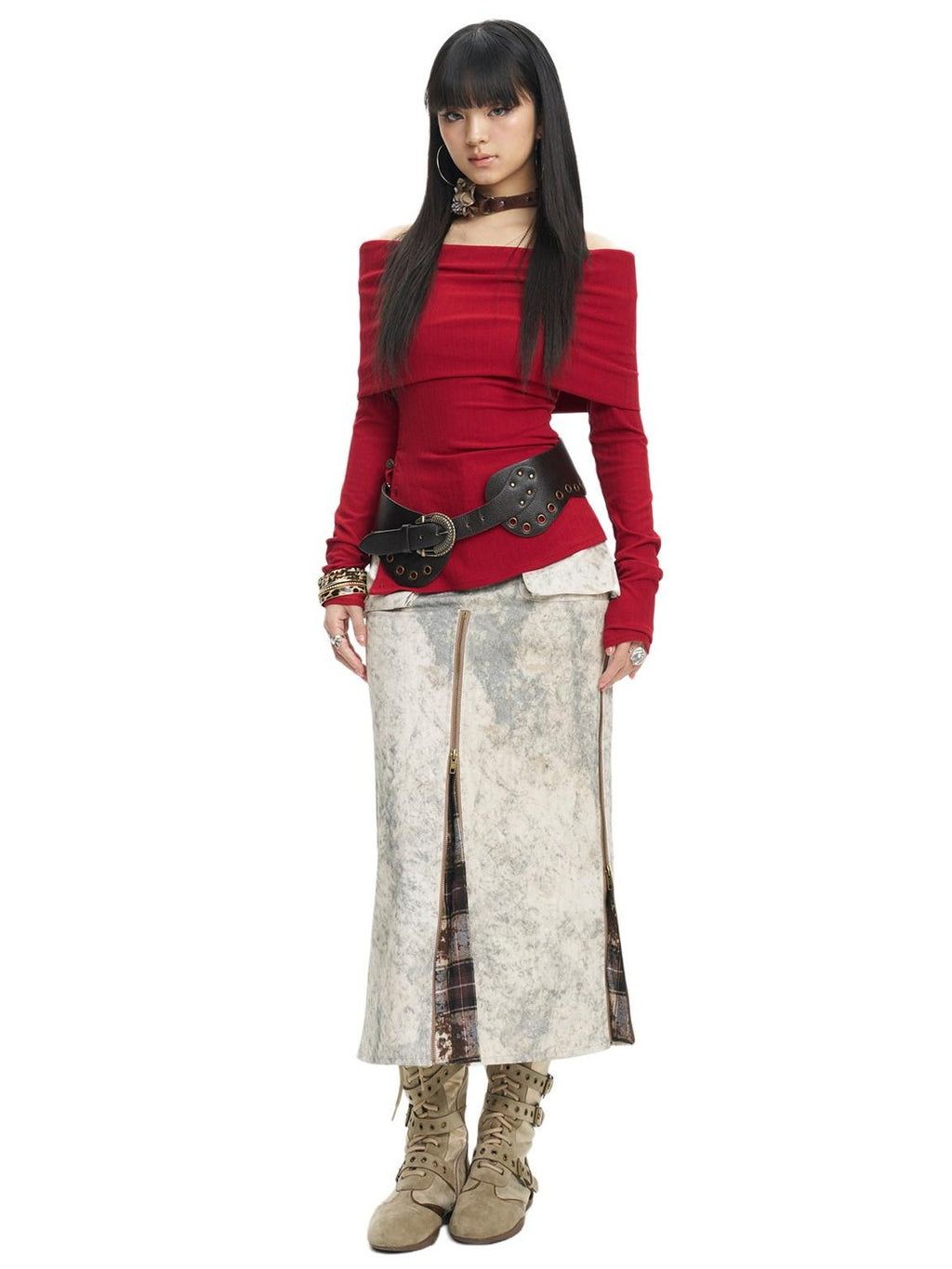 NextPassport MOF Khaki Tie Dye Yellow Plaid Panel Zipper A Line Women's Cotton Maxi Skirts