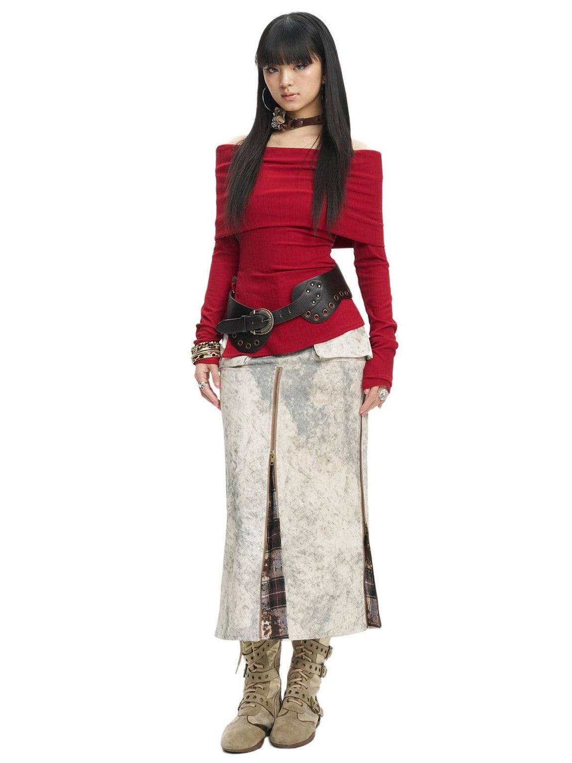 NextPassport MOF Khaki Tie Dye Yellow Plaid Panel Zipper A Line Women's Cotton Maxi Skirts
