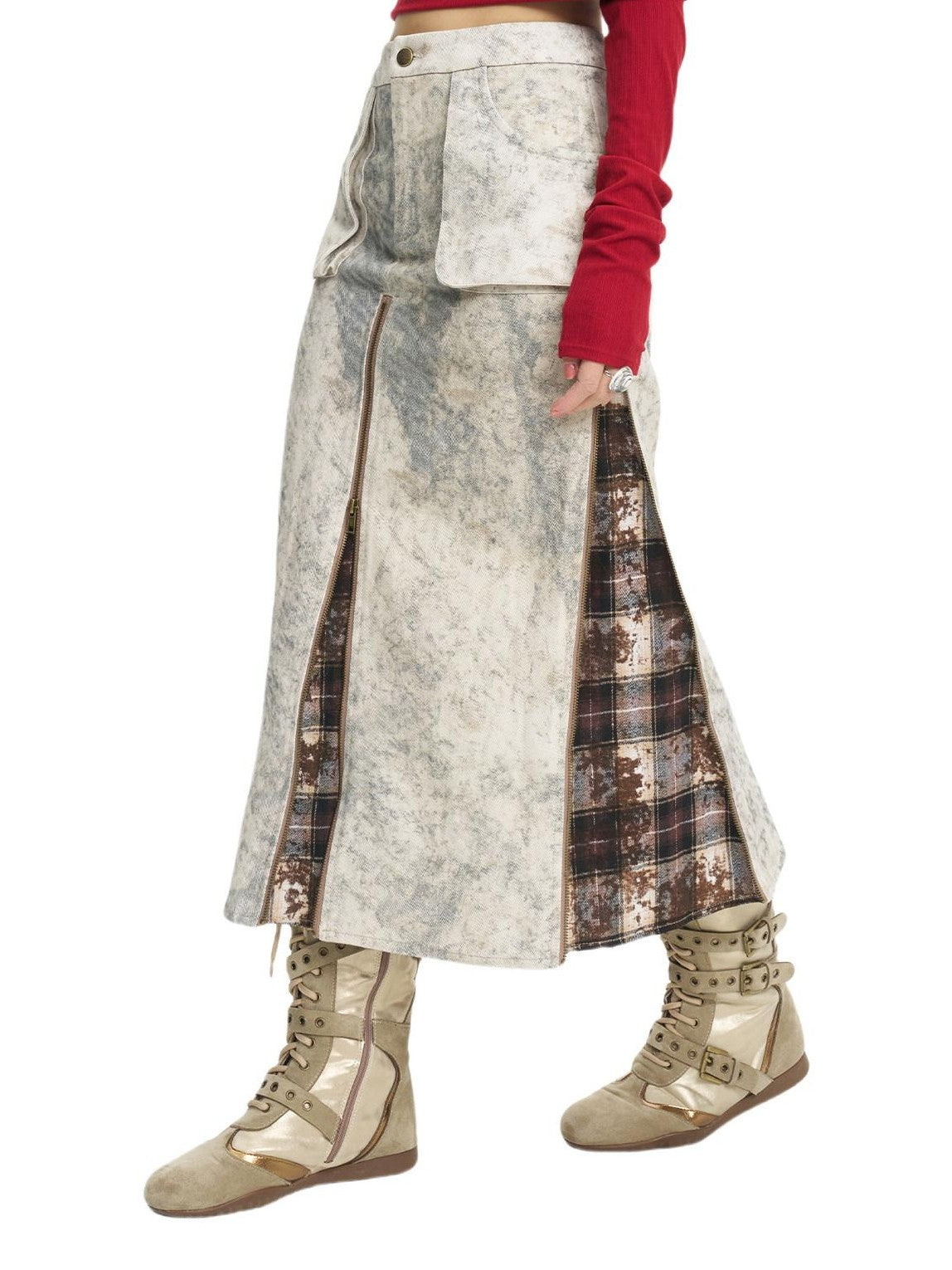 NextPassport MOF Khaki Tie Dye Yellow Plaid Panel Zipper A Line Women's Cotton Maxi Skirts