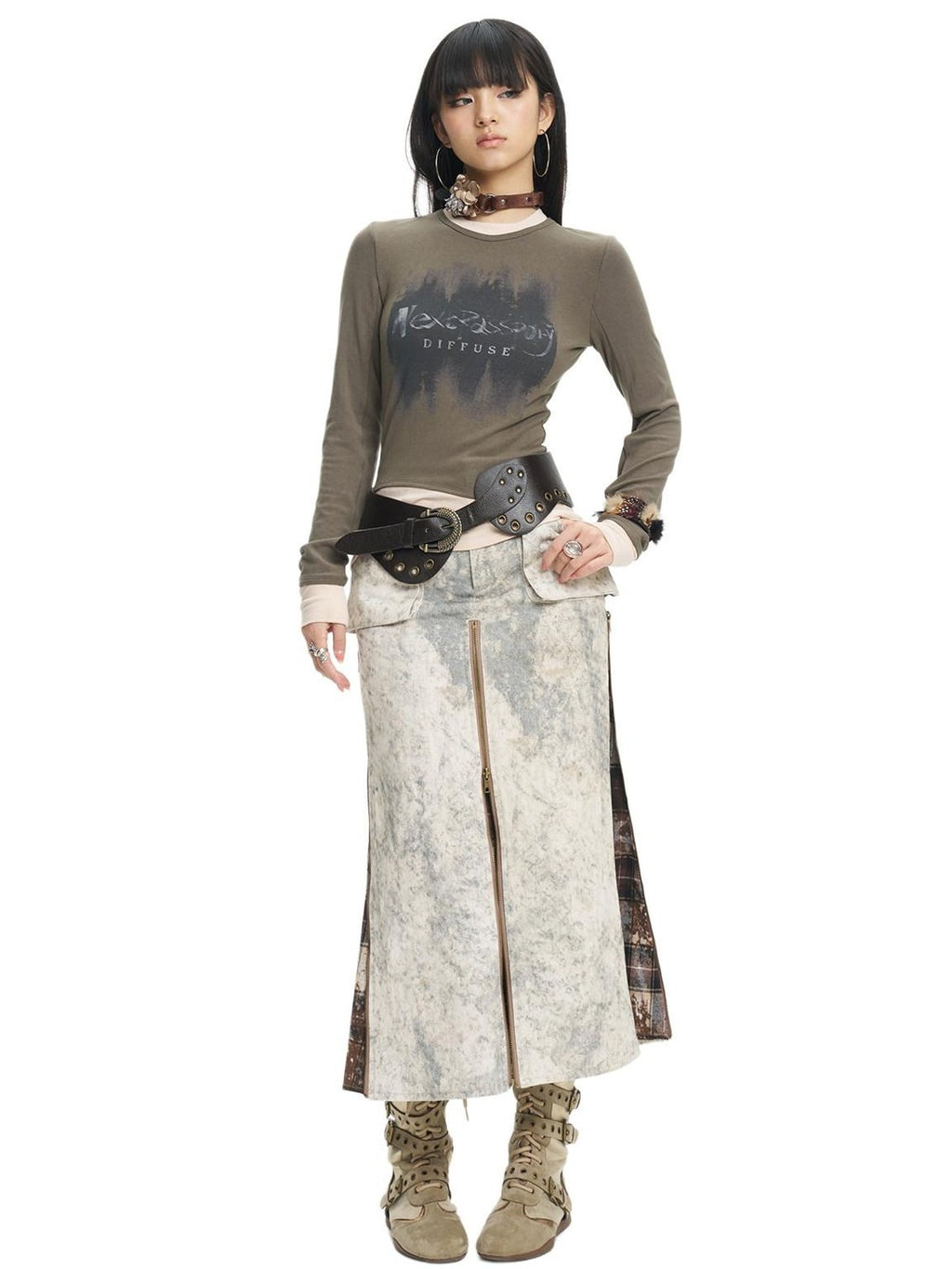 NextPassport MOF Khaki Tie Dye Yellow Plaid Panel Zipper A Line Women's Cotton Maxi Skirts