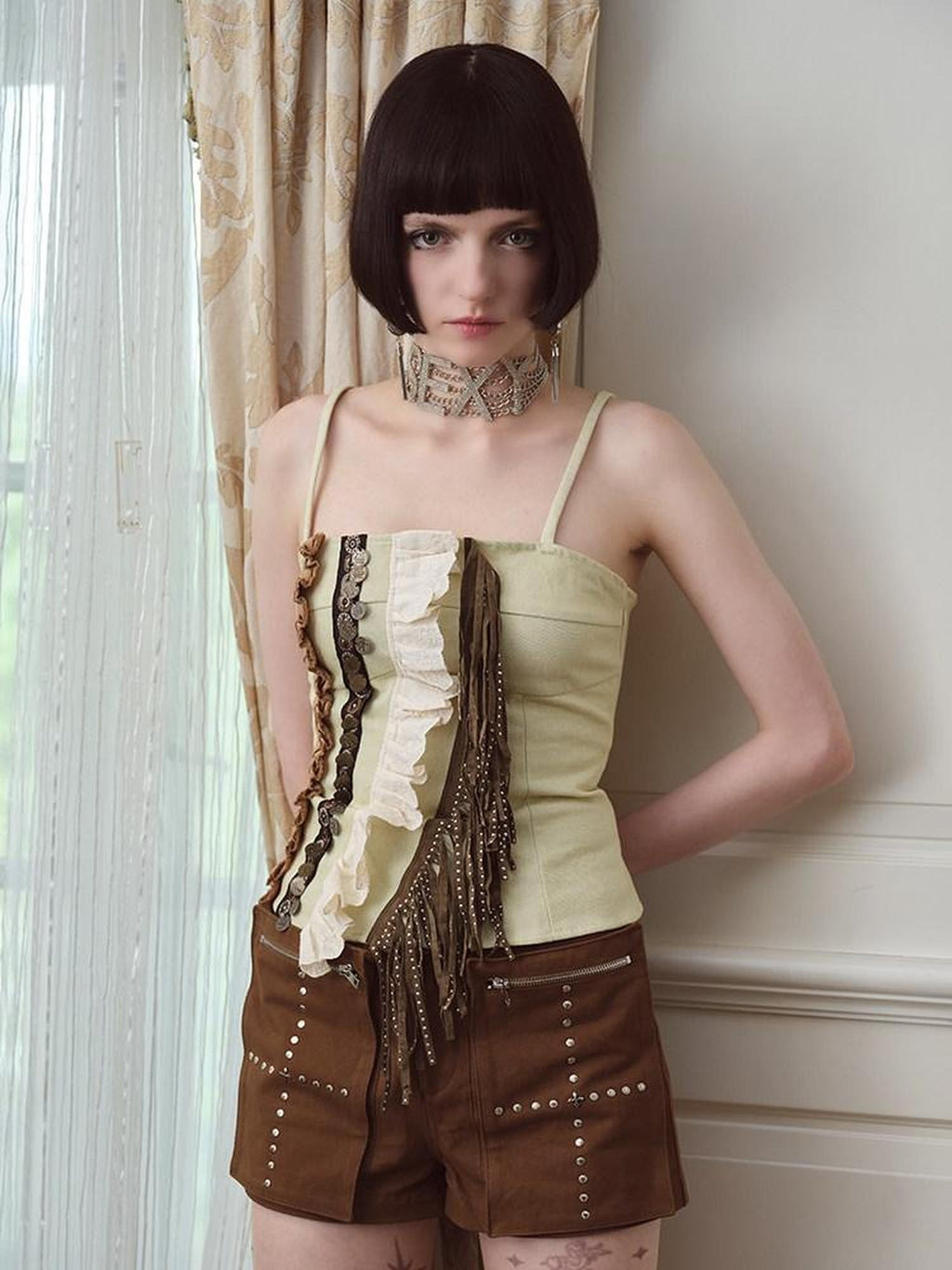 NextPassport MOF Lace Spliced Tassel Asymmetric Denim Back Gathered Women's Cotton Camisoles