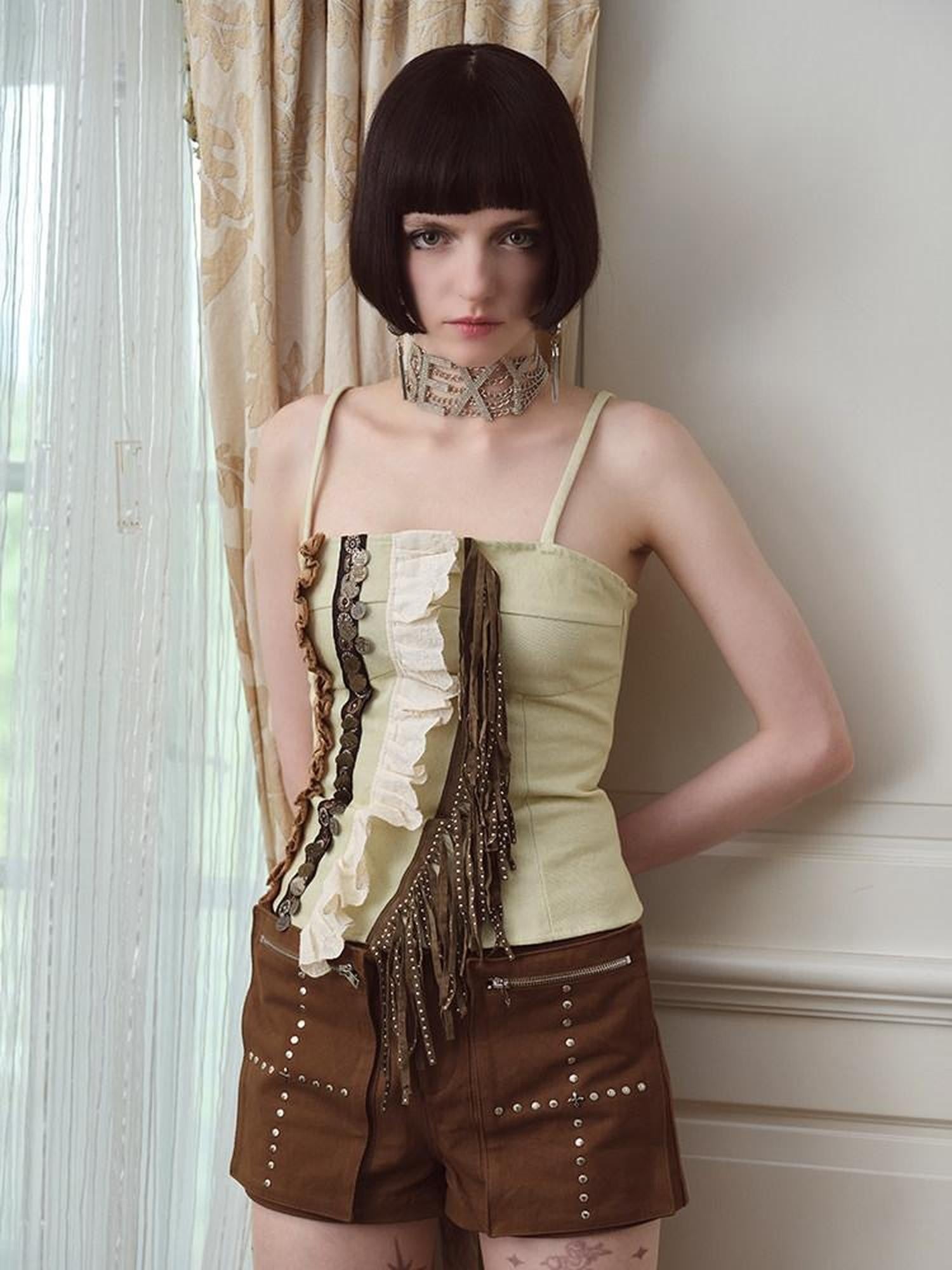 NextPassport MOF Lace Spliced Tassel Asymmetric Denim Back Gathered Women's Cotton Camisoles