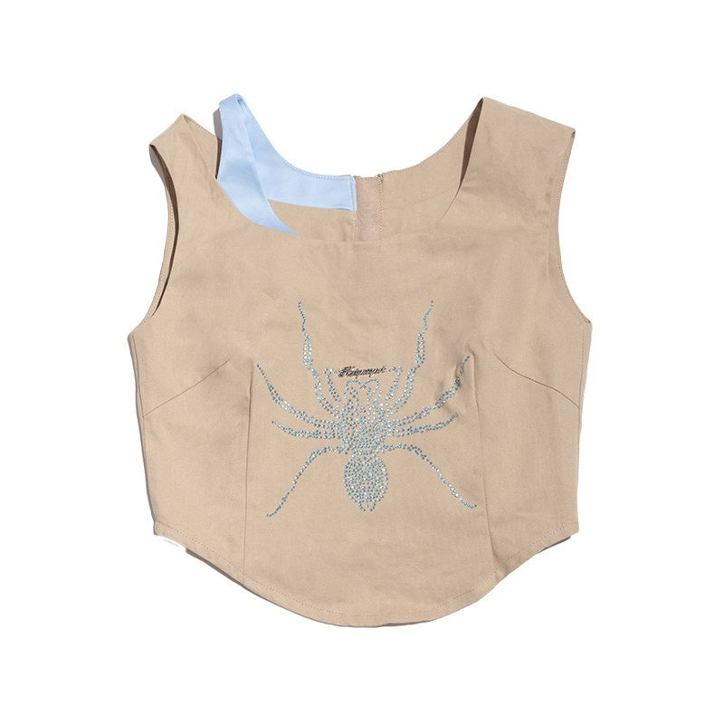 NextPassport_MOF_Lake_Blue_Faux_Two_Piece_Spider_Rhinestone_Strappy_Women's_Cotton_Tank_Tops_713791502474_MISSTT