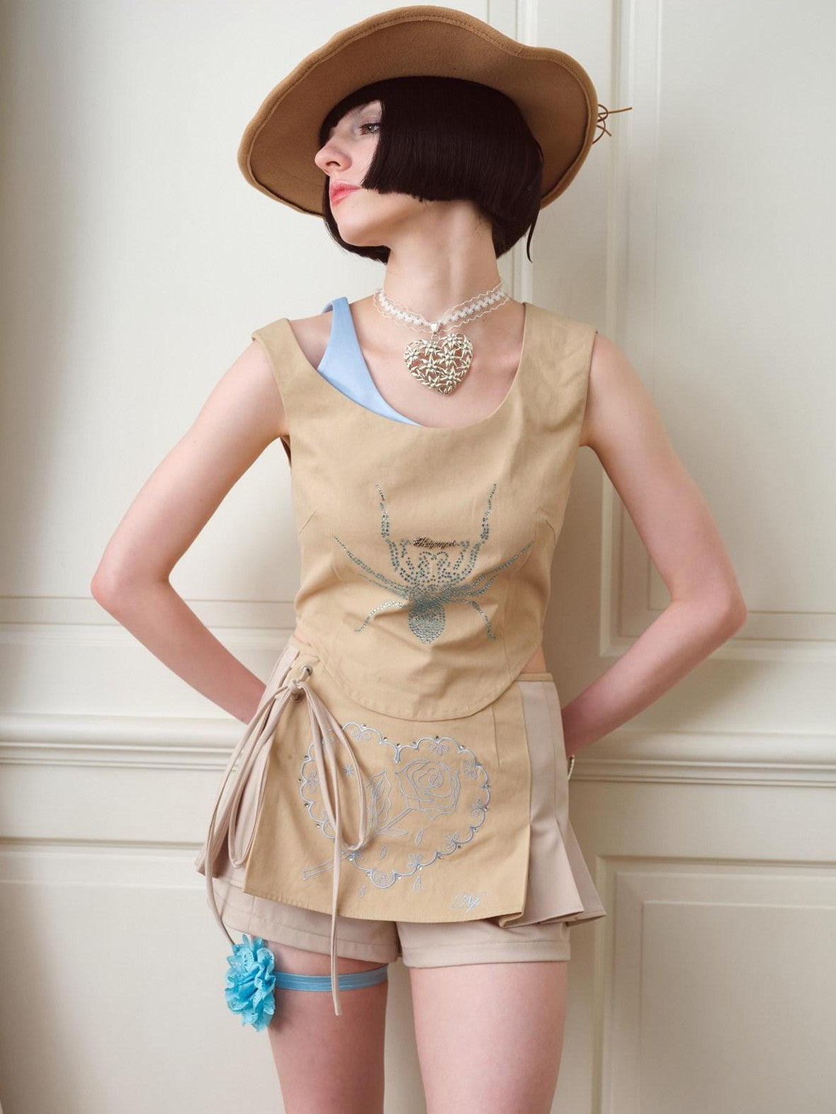 NextPassport MOF Lake Blue Faux Two Piece Spider Rhinestone Strappy Women's Cotton Tank Tops