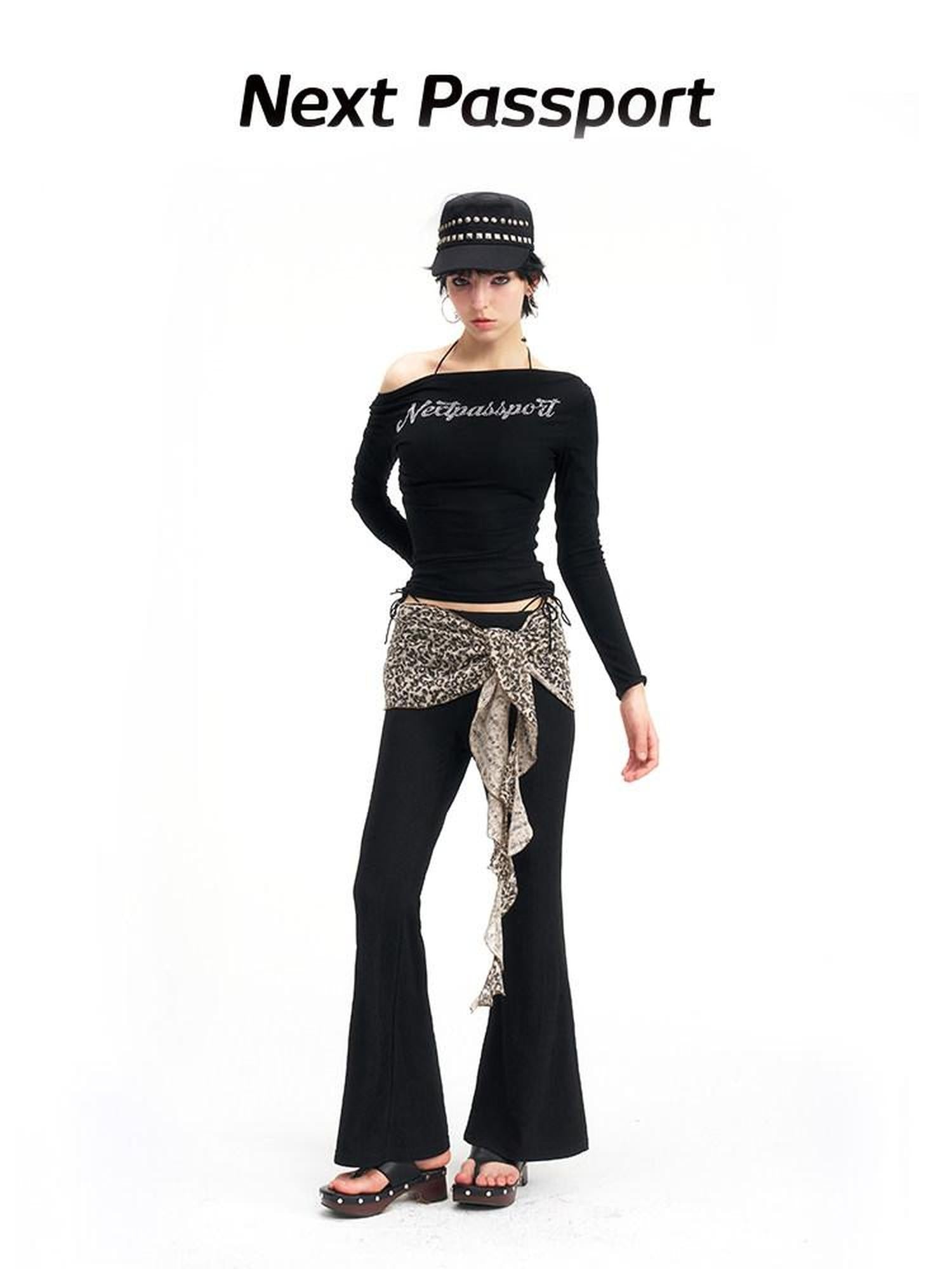 NextPassport MOF Leopard Knit Natural Waist Women's Polyester Elastane Blend Flare Pants