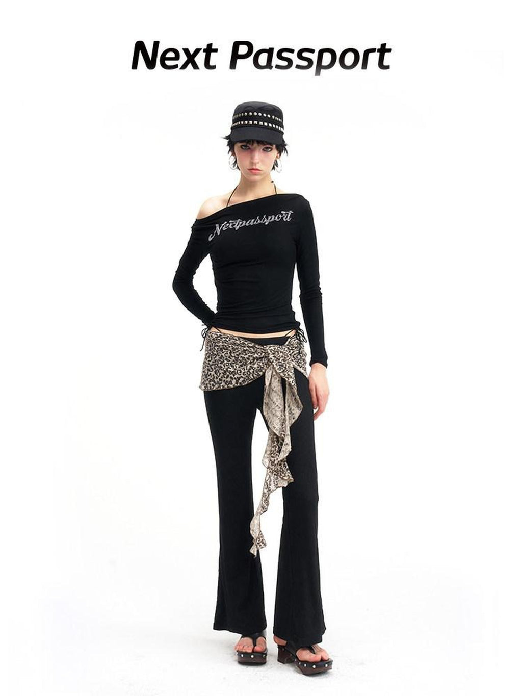 NextPassport MOF Leopard Knit Natural Waist Women's Polyester Elastane Blend Flare Pants