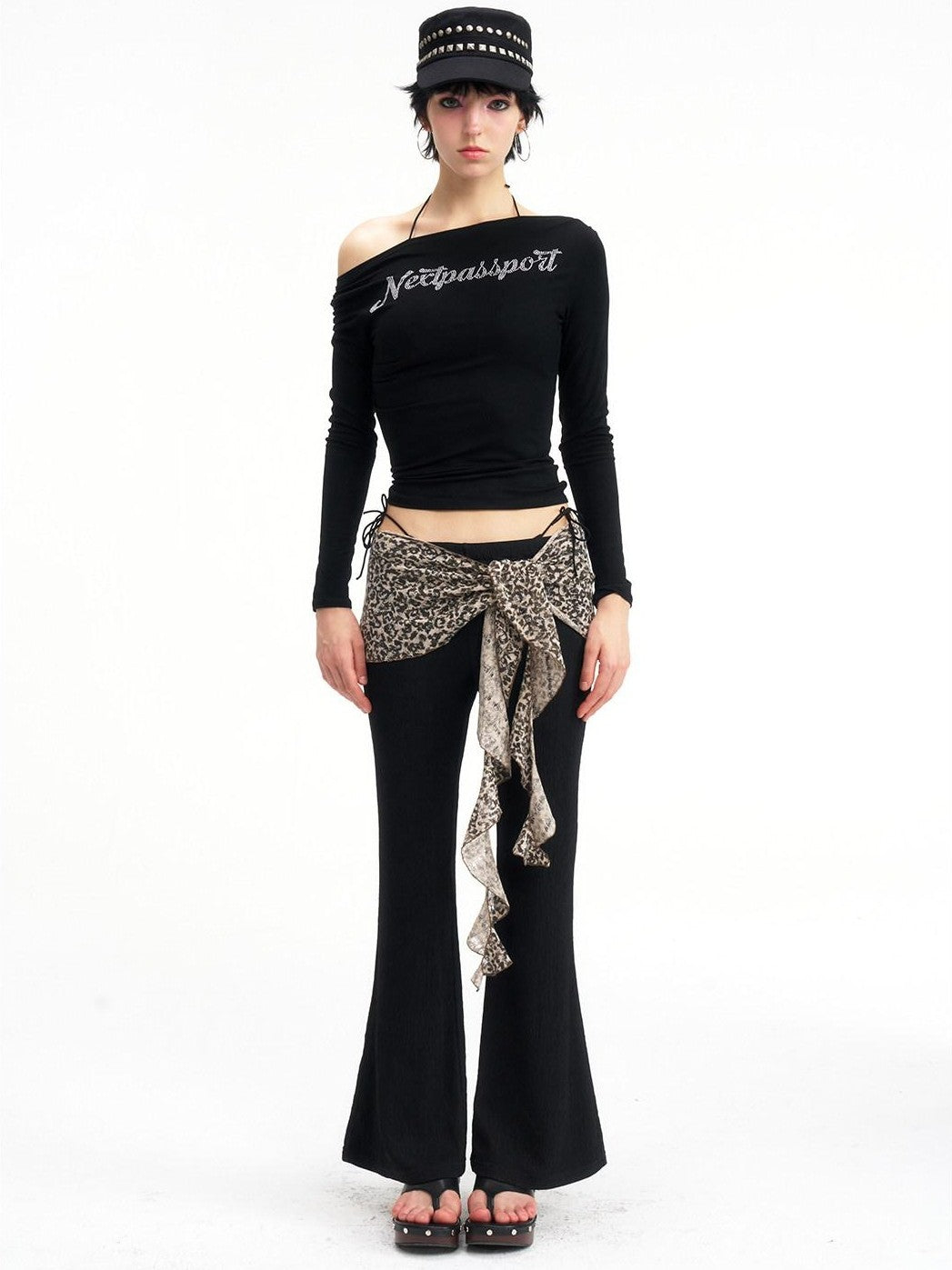 NextPassport MOF Leopard Knit Natural Waist Women's Polyester Elastane Blend Flare Pants