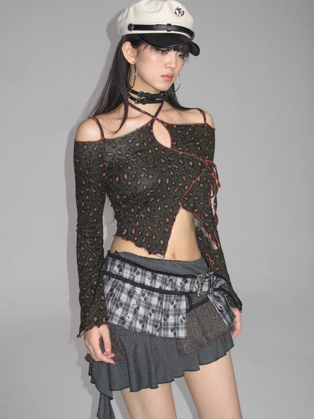 NextPassport MOF Leopard Print Tie Strap One Shoulder Women's Knit Long Sleeve T-shirts