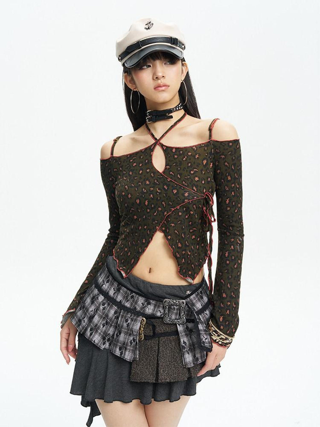 NextPassport MOF Leopard Print Tie Strap One Shoulder Women's Knit Long Sleeve T-shirts
