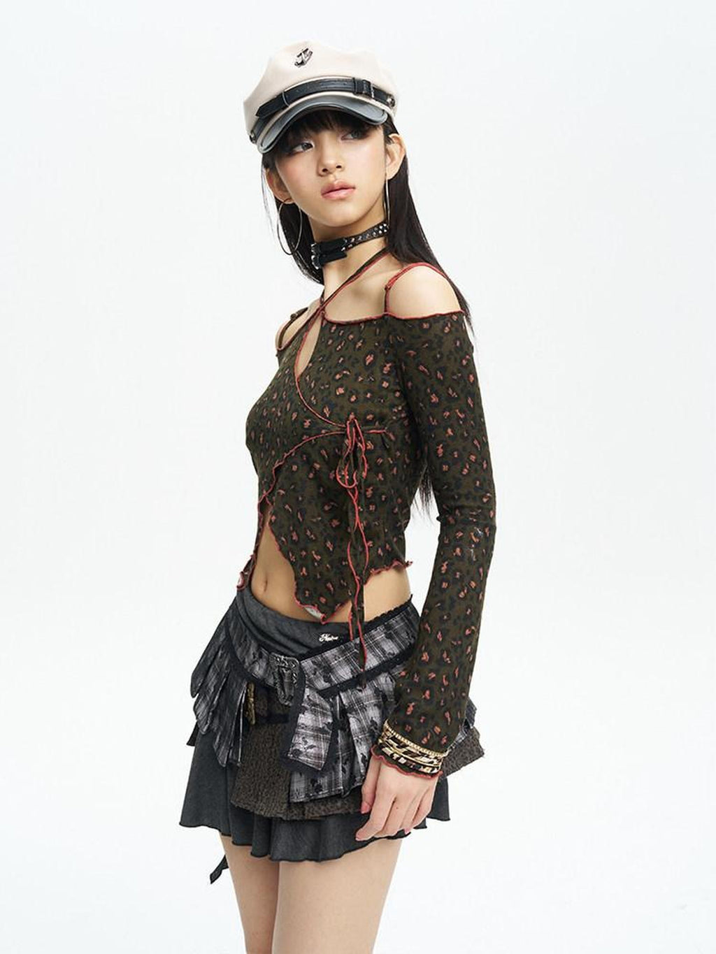 NextPassport MOF Leopard Print Tie Strap One Shoulder Women's Knit Long Sleeve T-shirts