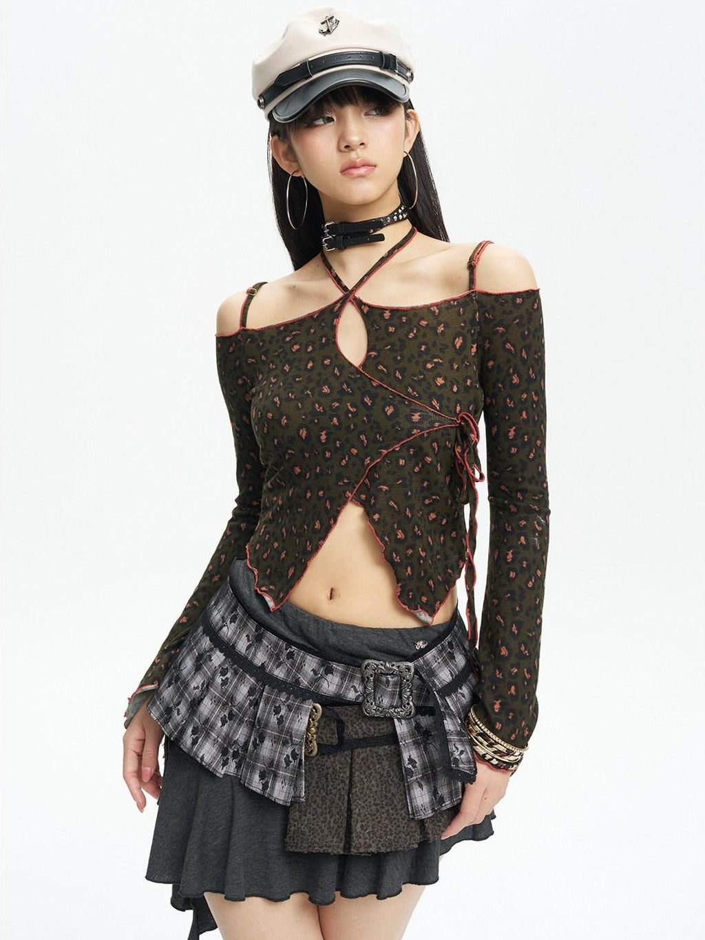 NextPassport MOF Leopard Print Tie Strap One Shoulder Women's Knit Long Sleeve T-shirts