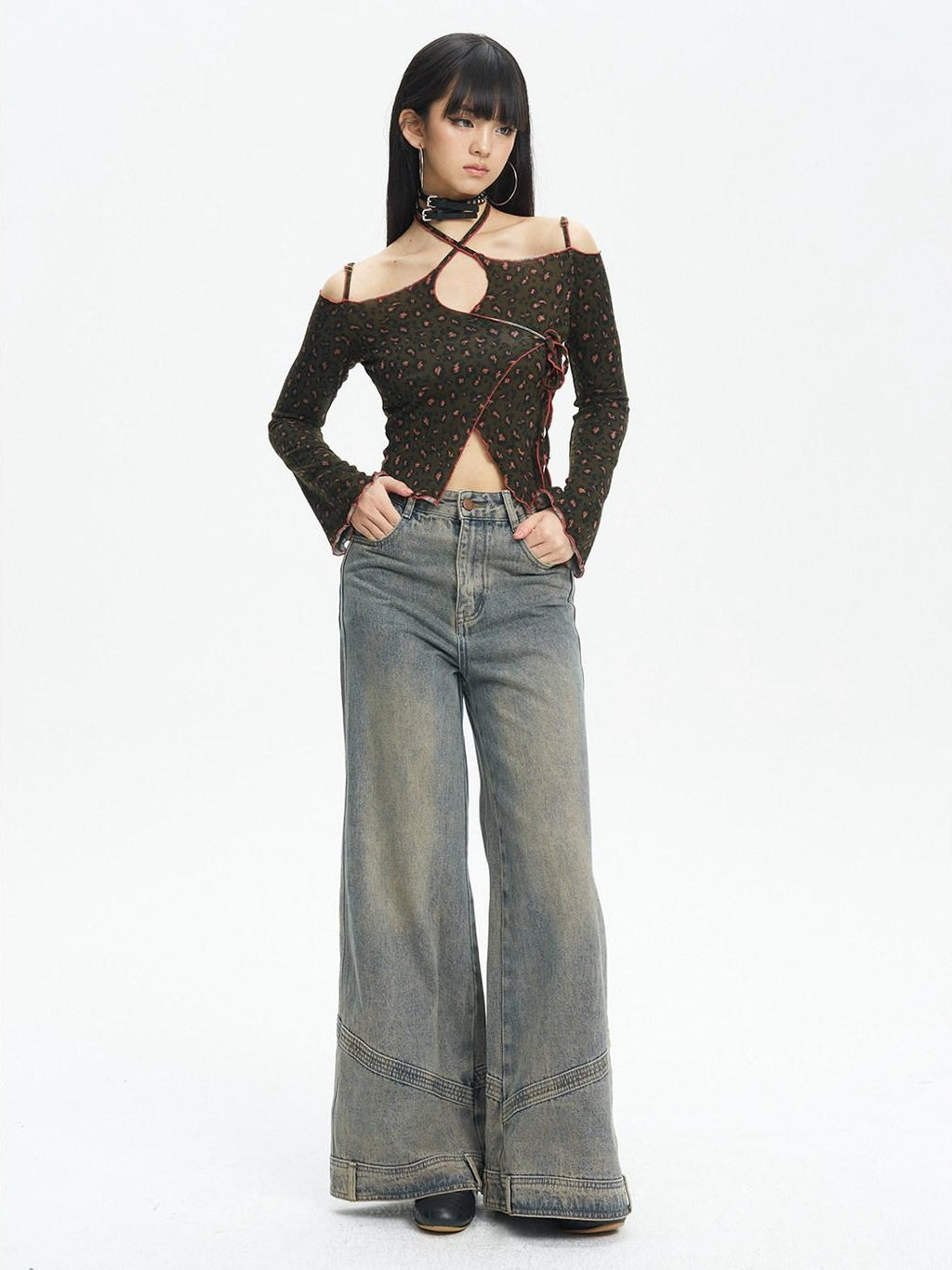 NextPassport MOF Leopard Print Tie Strap One Shoulder Women's Knit Long Sleeve T-shirts