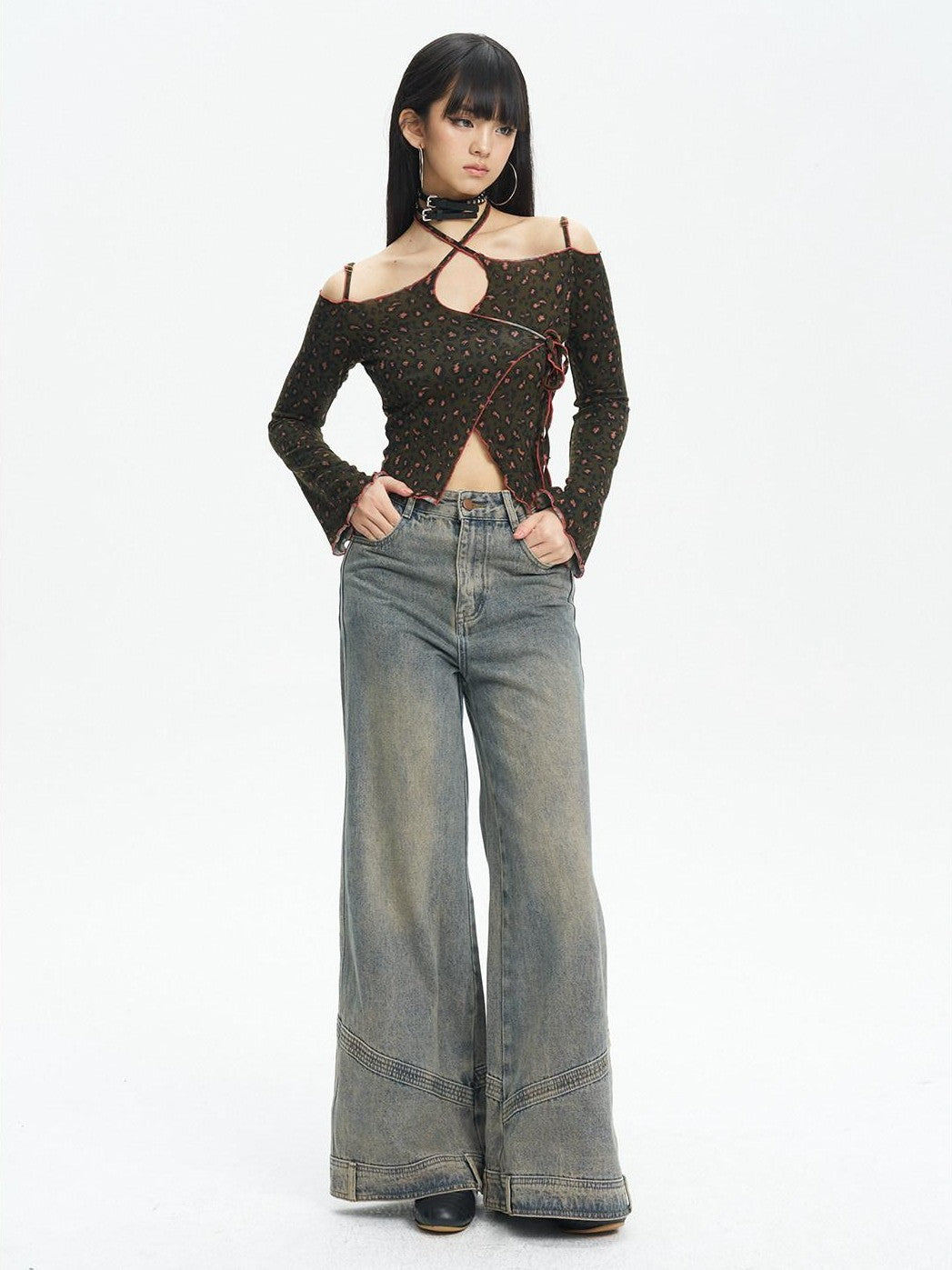 NextPassport MOF Leopard Print Tie Strap One Shoulder Women's Knit Long Sleeve T-shirts