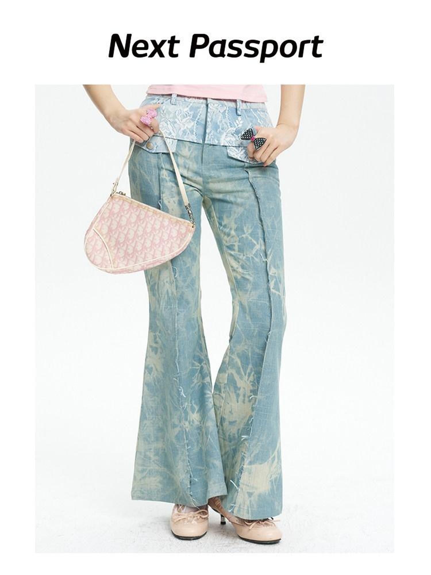 NextPassport MOF Light Blue Printed Lace Patchwork Slim Women's Denim Flare Jeans