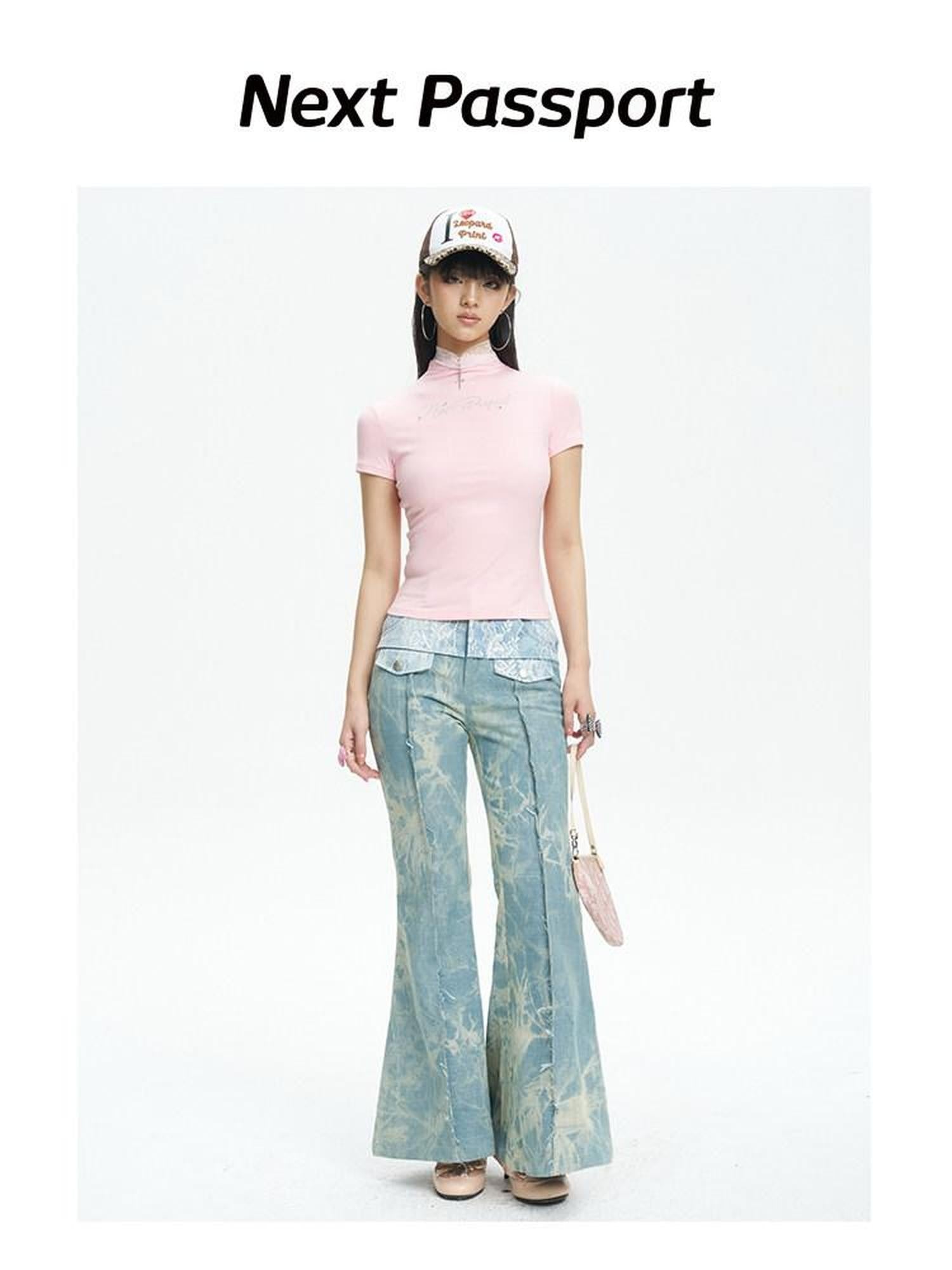 NextPassport MOF Light Blue Printed Lace Patchwork Slim Women's Denim Flare Jeans