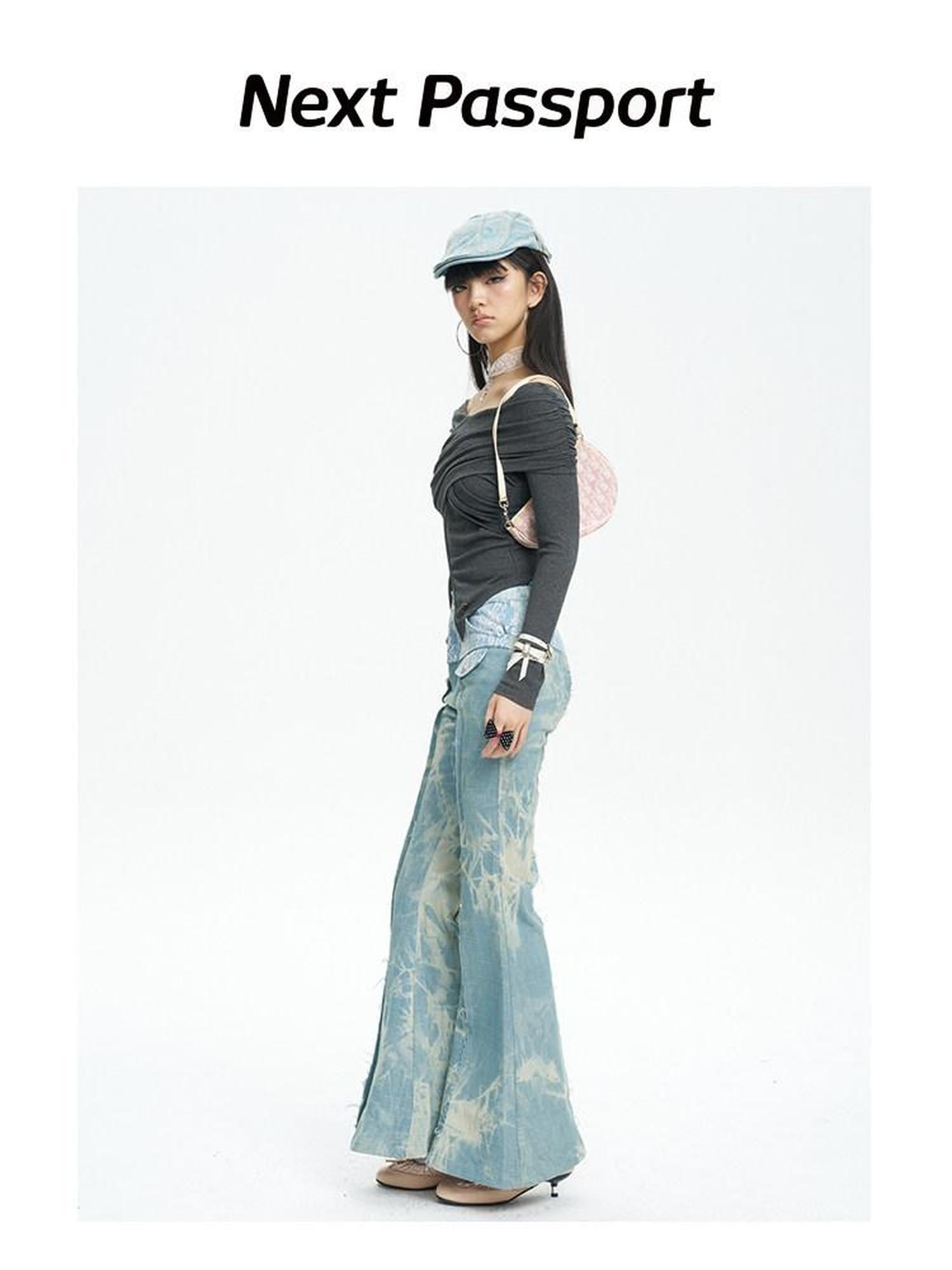 NextPassport MOF Light Blue Printed Lace Patchwork Slim Women's Denim Flare Jeans